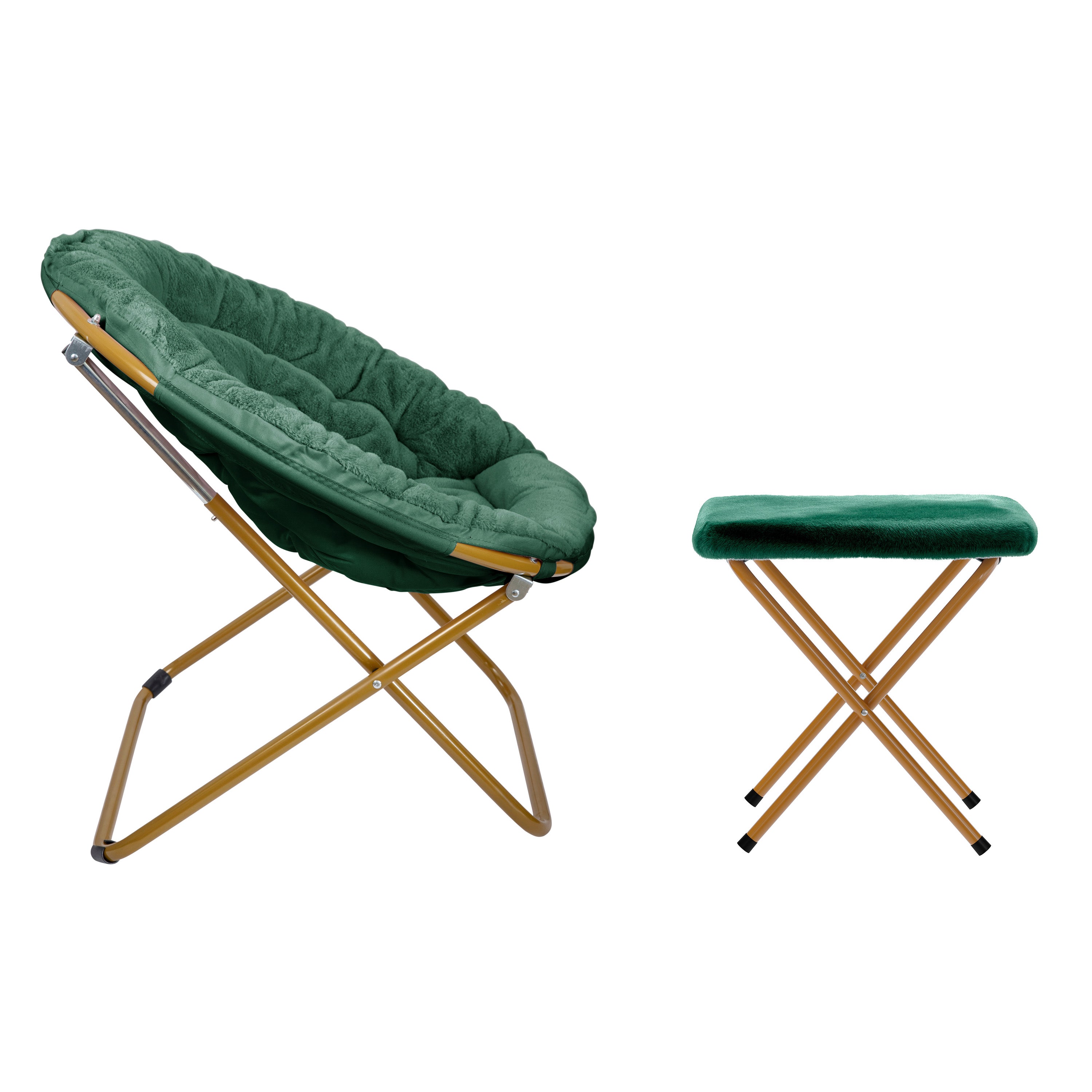 Gwen 38" Oversize Portable Faux Fur Folding Saucer Moon Chair with Folding Ottoman for Dorm and Bedroom, Emerald Faux Fur/Soft Gold Frame
