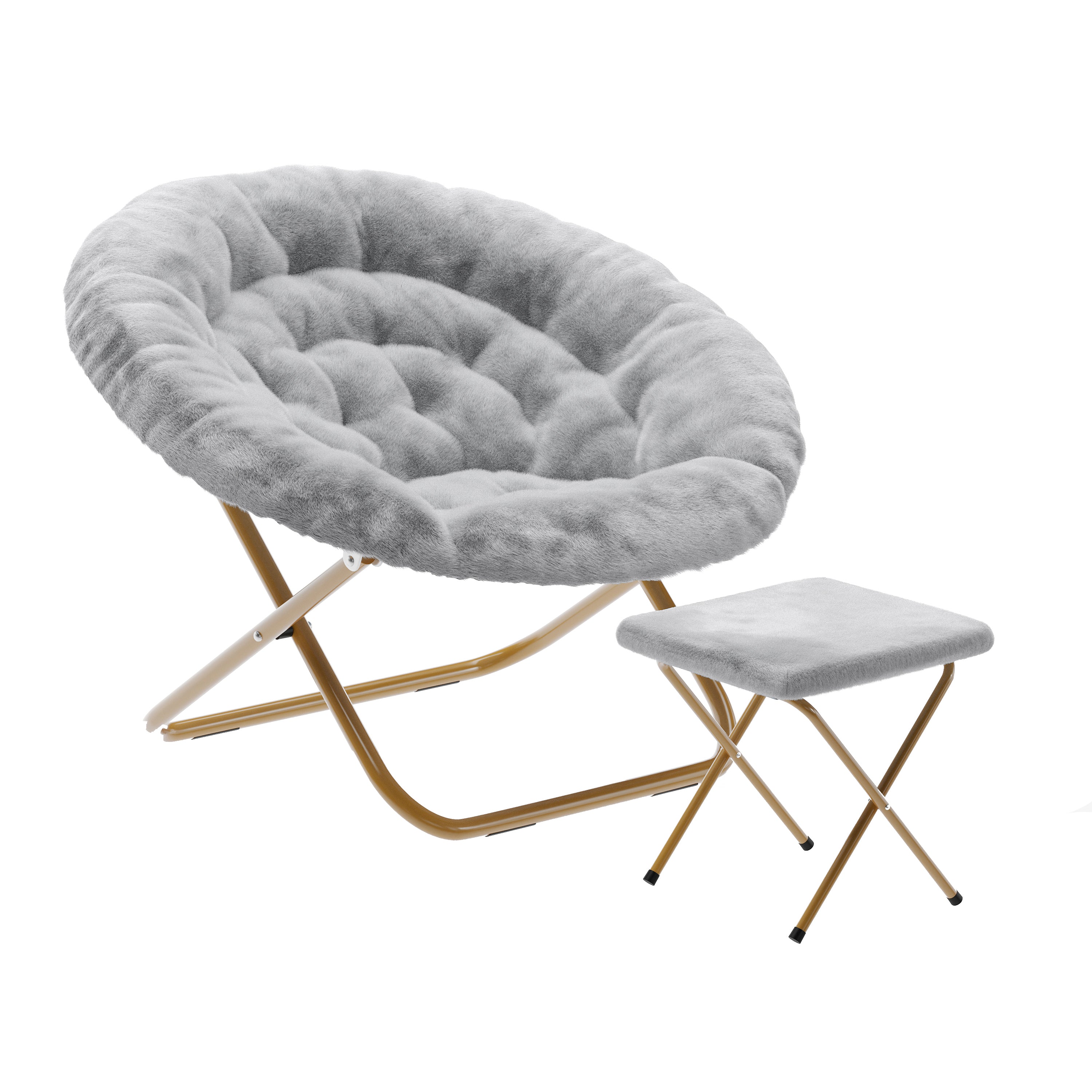 Gwen 38" Oversize Portable Faux Fur Folding Saucer Moon Chair with Folding Ottoman for Dorm and Bedroom, Gray Faux Fur/Soft Gold Frame