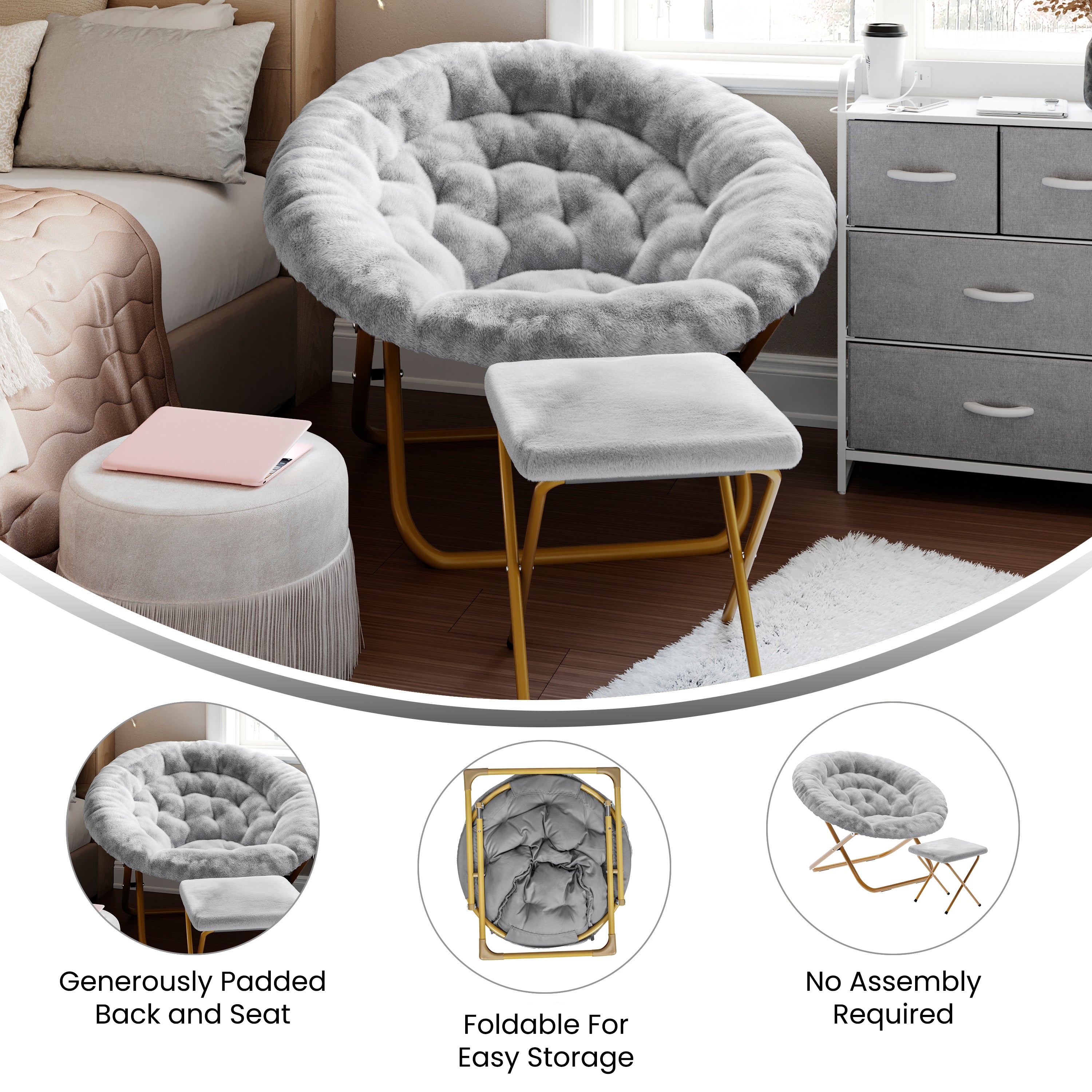Gwen 38" Oversize Portable Faux Fur Folding Saucer Moon Chair with Folding Ottoman for Dorm and Bedroom, Gray Faux Fur/Soft Gold Frame
