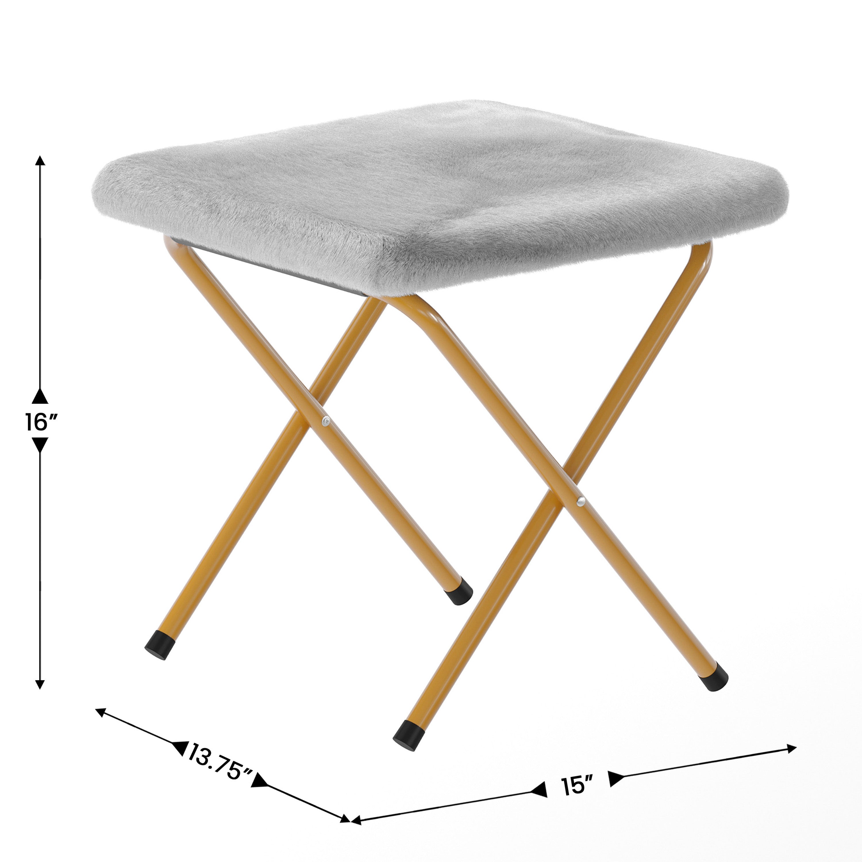 Gwen 38" Oversize Portable Faux Fur Folding Saucer Moon Chair with Folding Ottoman for Dorm and Bedroom, Gray Faux Fur/Soft Gold Frame