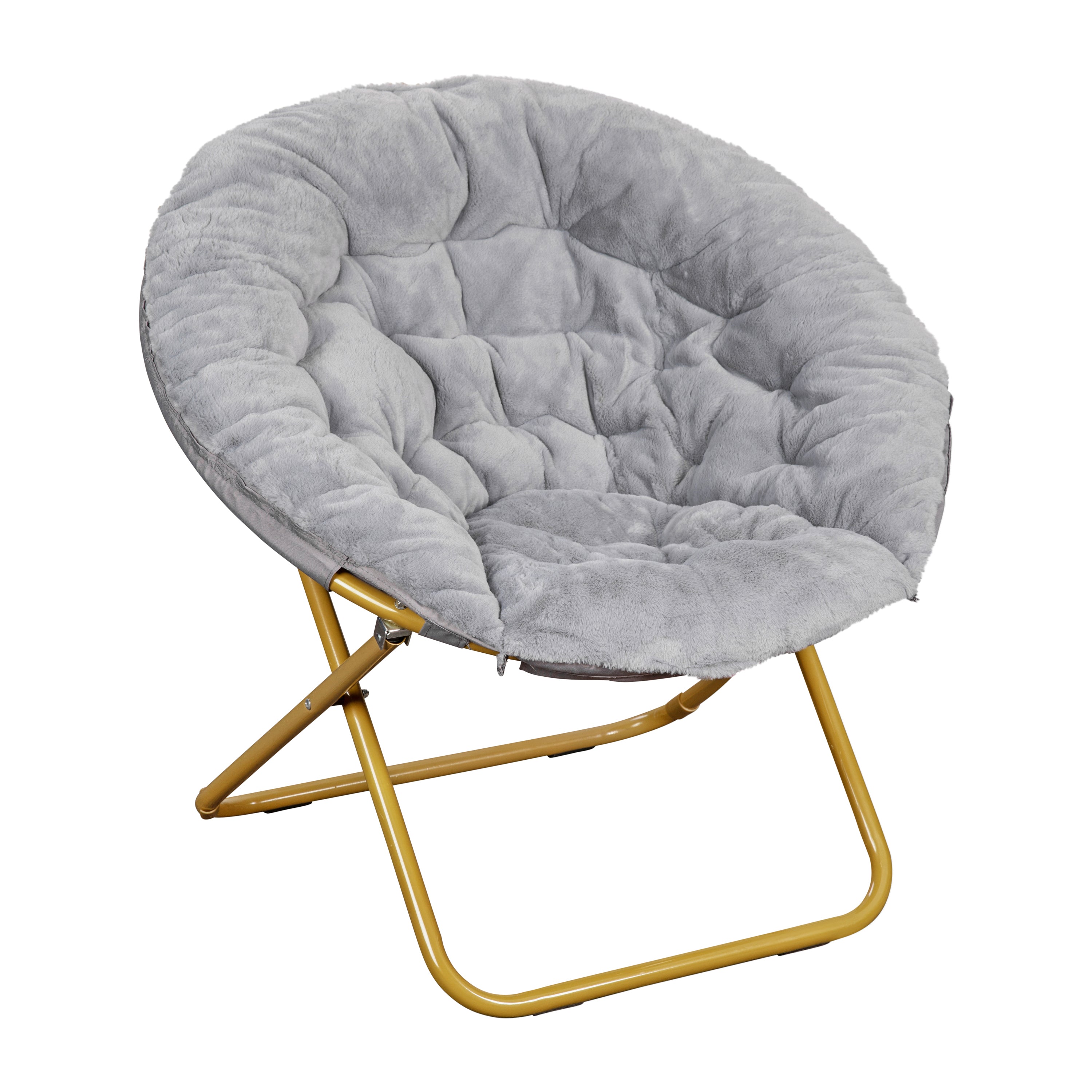 Gwen 38" Oversize Portable Faux Fur Folding Saucer Moon Chair with Folding Ottoman for Dorm and Bedroom, Gray Faux Fur/Soft Gold Frame
