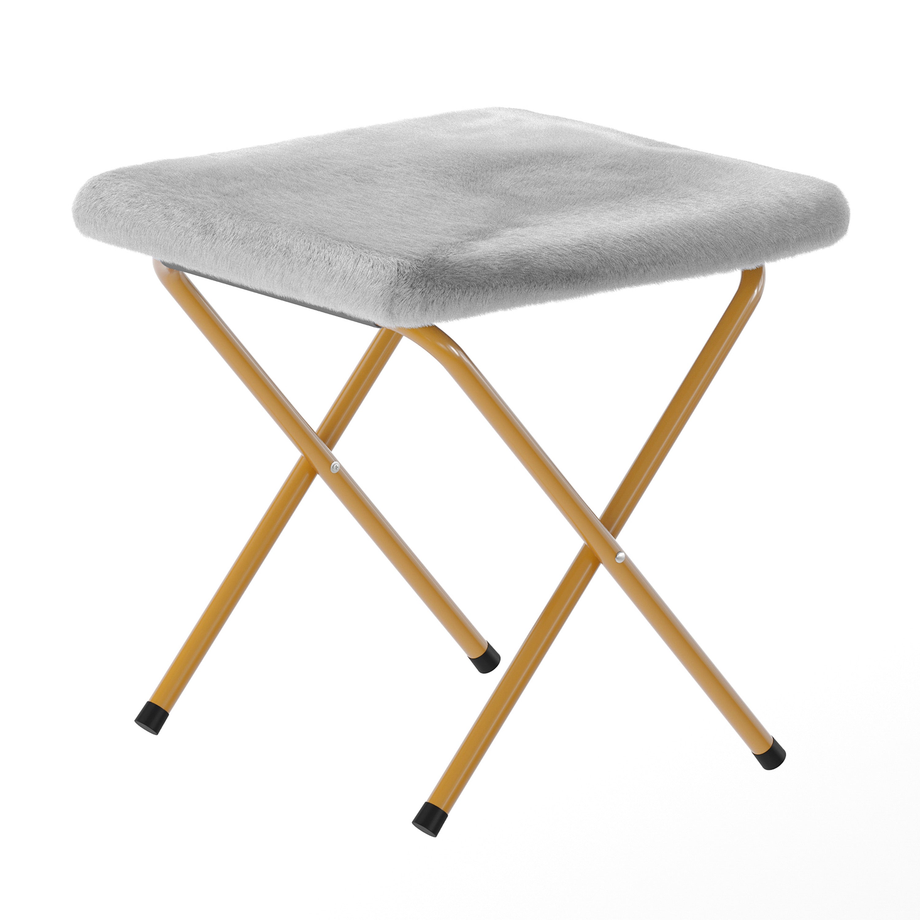 Gwen 38" Oversize Portable Faux Fur Folding Saucer Moon Chair with Folding Ottoman for Dorm and Bedroom, Gray Faux Fur/Soft Gold Frame