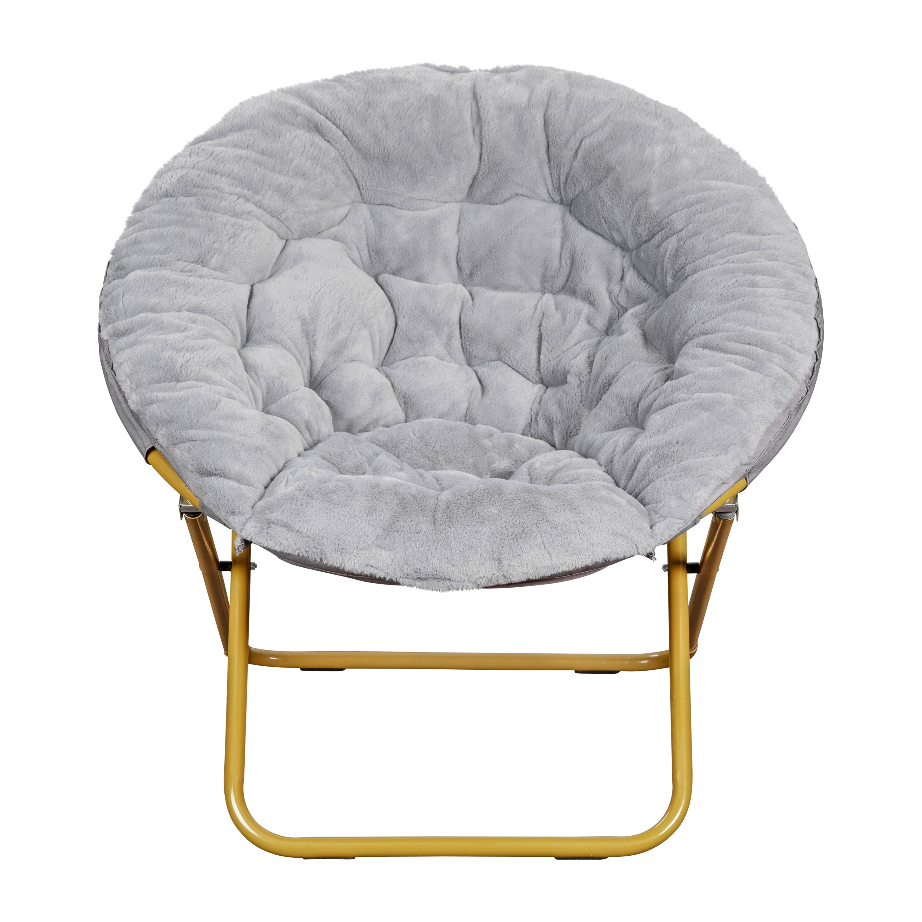 Gwen 38" Oversize Portable Faux Fur Folding Saucer Moon Chair with Folding Ottoman for Dorm and Bedroom, Gray Faux Fur/Soft Gold Frame