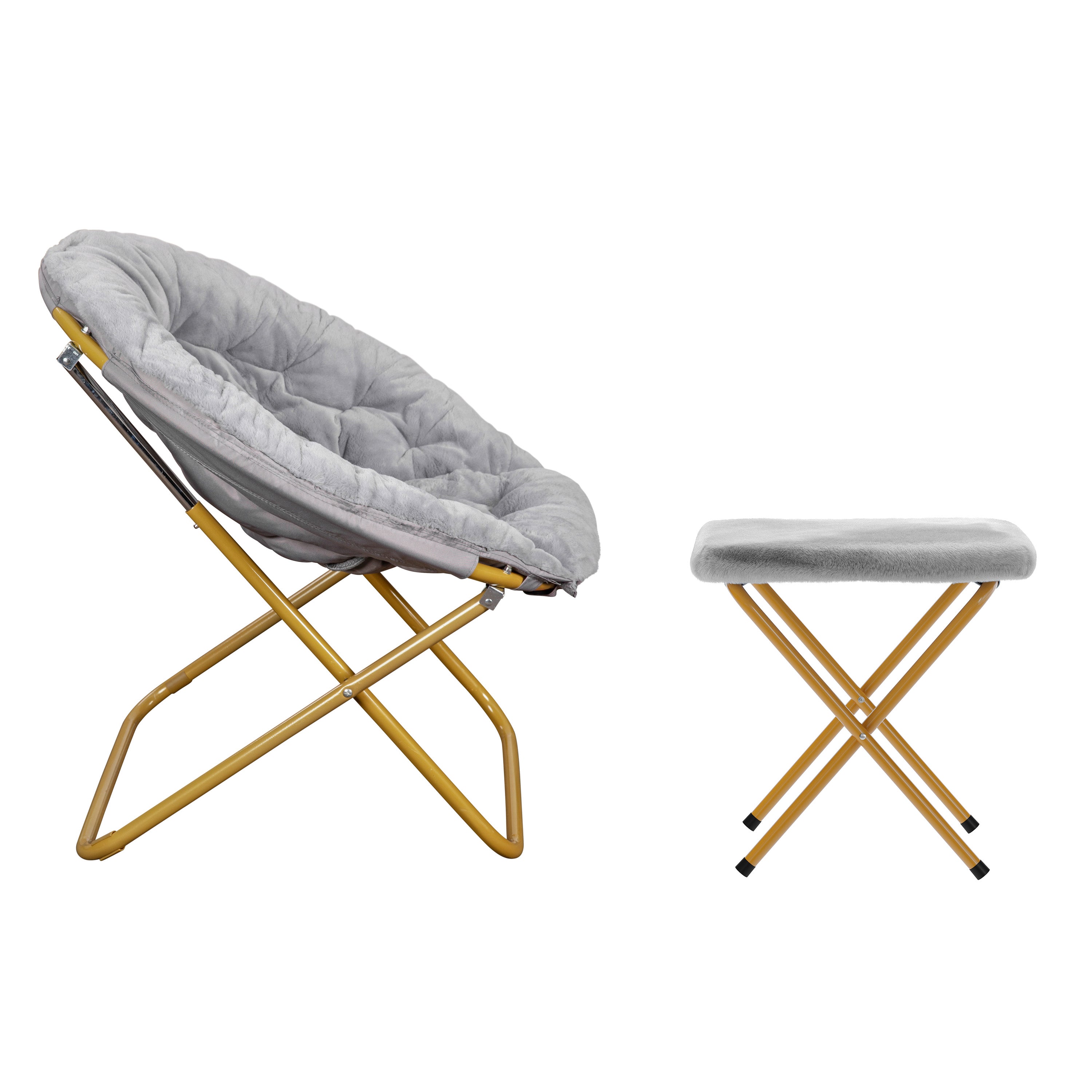 Gwen 38" Oversize Portable Faux Fur Folding Saucer Moon Chair with Folding Ottoman for Dorm and Bedroom, Gray Faux Fur/Soft Gold Frame
