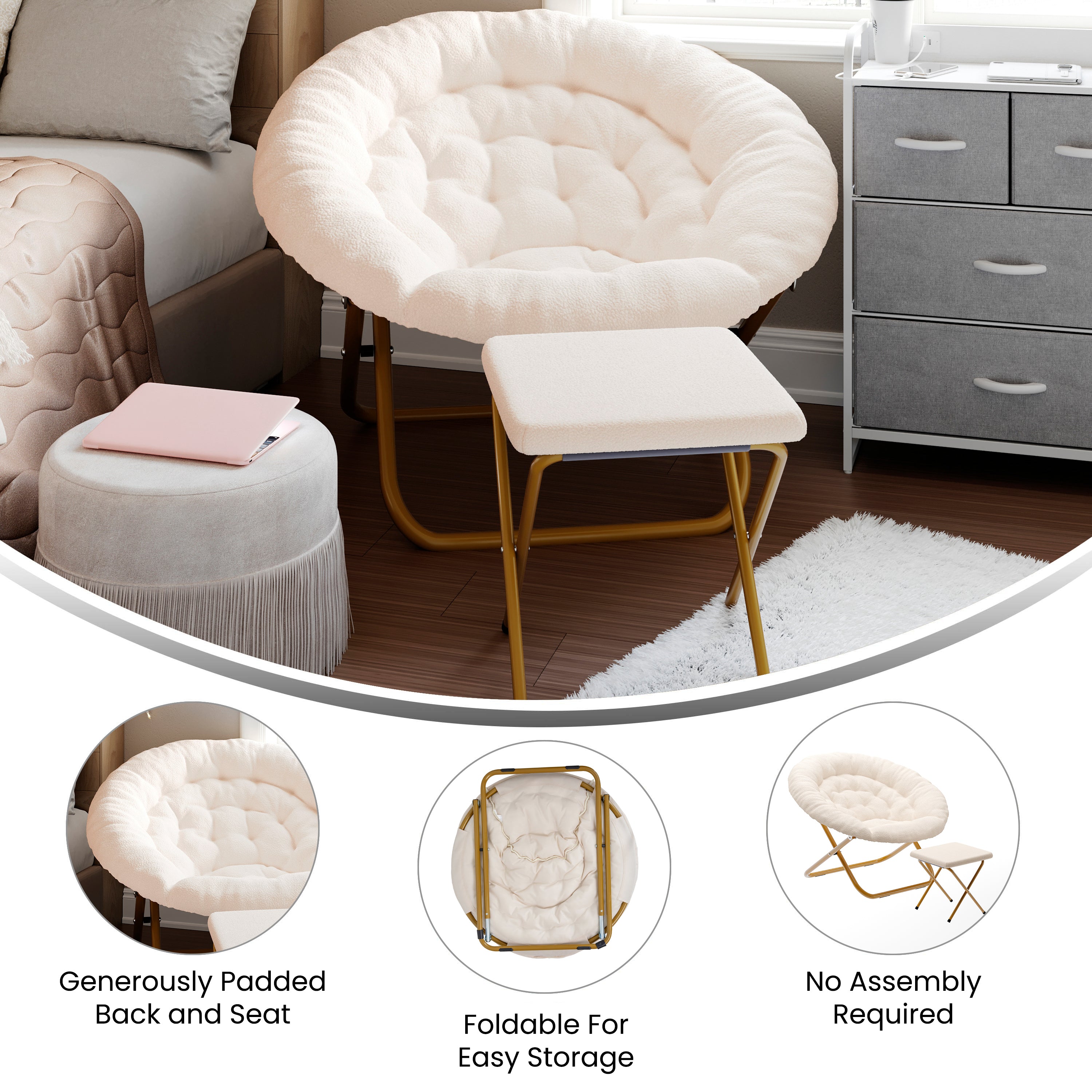 Gwen 38" Oversize Portable Faux Shearling Folding Saucer Moon Chair with Folding Ottoman for Dorm and Bedroom, Ivory Faux Shearling/Soft Gold Frame