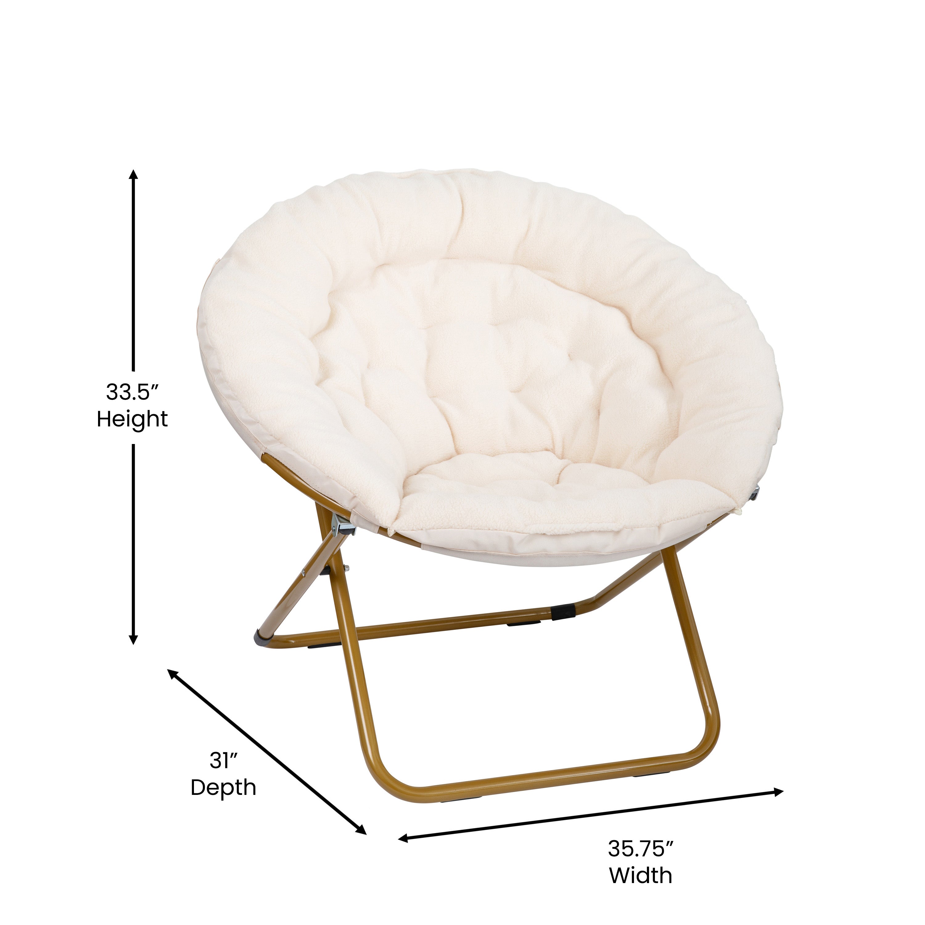 Gwen 38" Oversize Portable Faux Shearling Folding Saucer Moon Chair with Folding Ottoman for Dorm and Bedroom, Ivory Faux Shearling/Soft Gold Frame