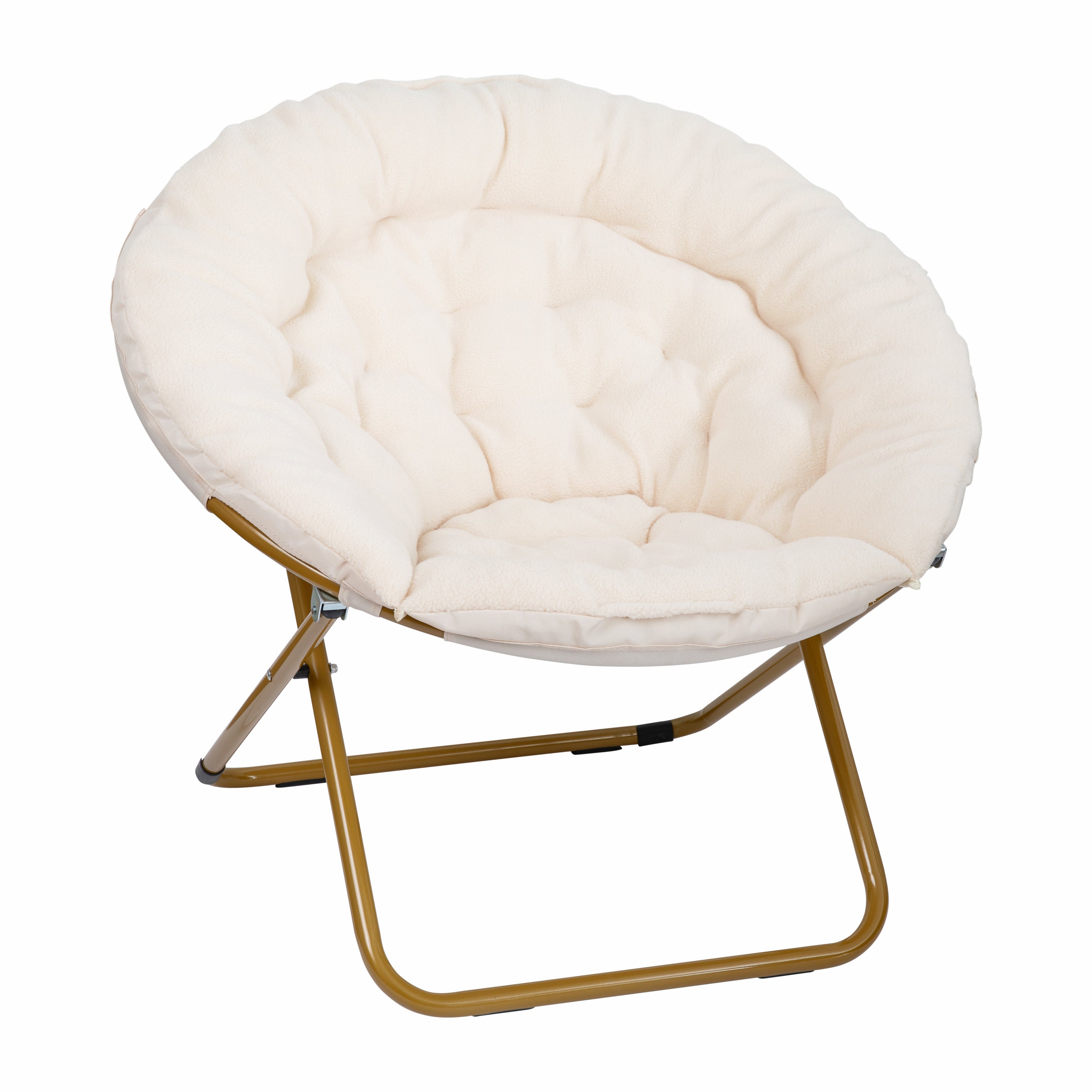 Gwen 38" Oversize Portable Faux Shearling Folding Saucer Moon Chair with Folding Ottoman for Dorm and Bedroom, Ivory Faux Shearling/Soft Gold Frame