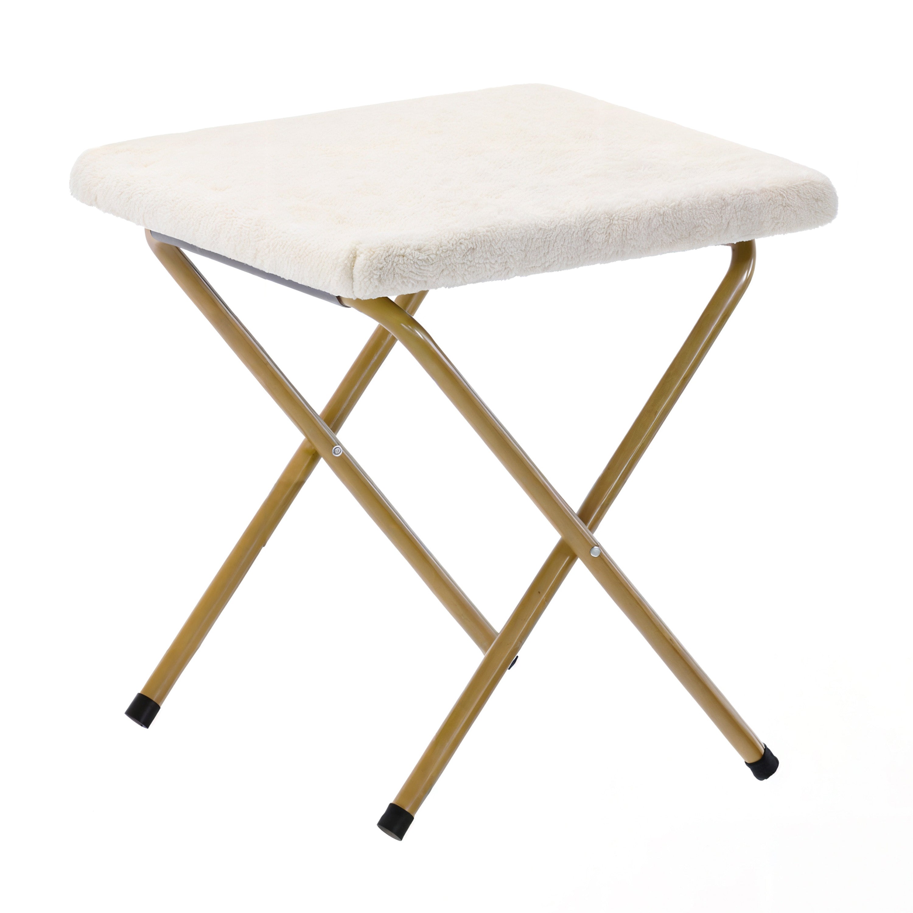 Gwen 38" Oversize Portable Faux Shearling Folding Saucer Moon Chair with Folding Ottoman for Dorm and Bedroom, Ivory Faux Shearling/Soft Gold Frame