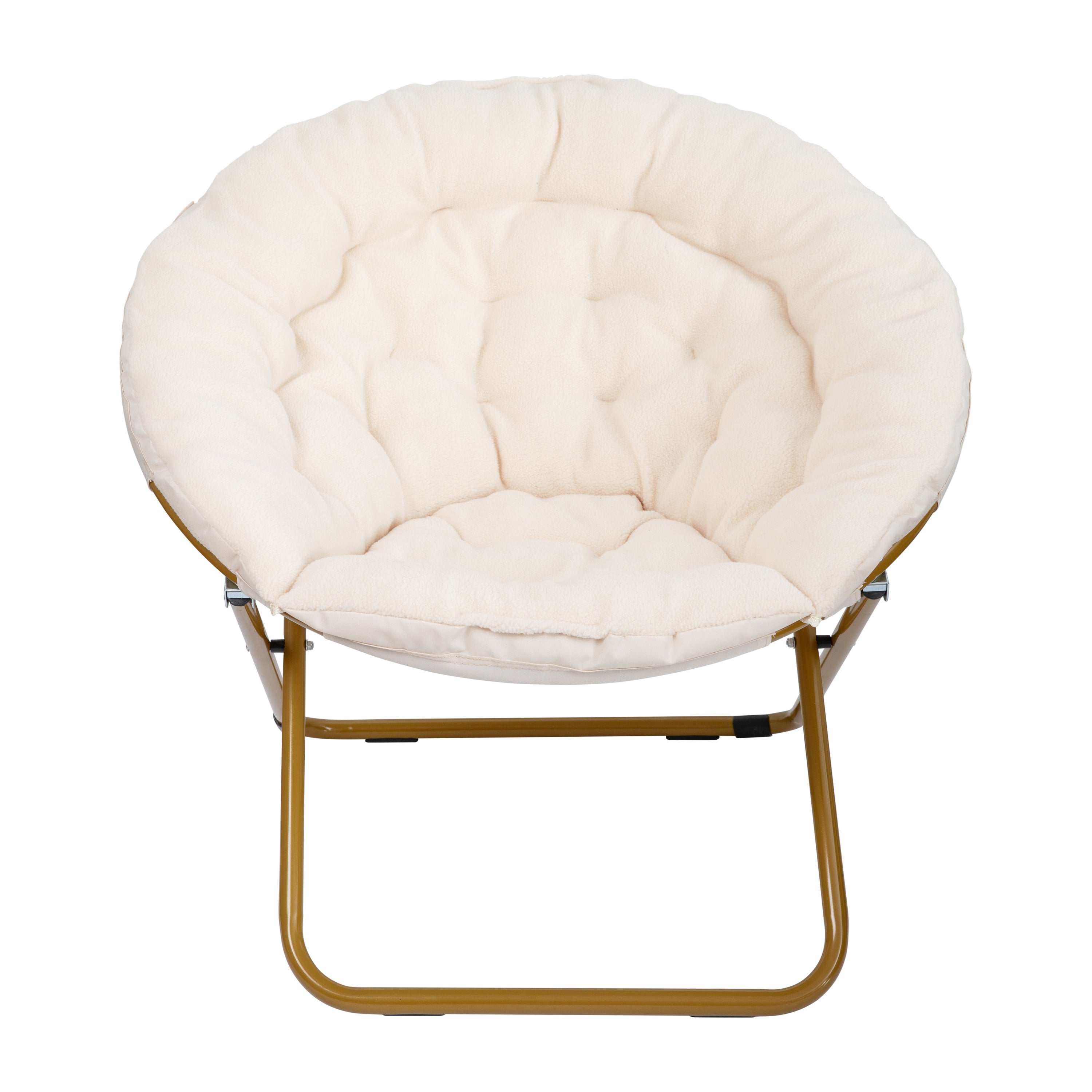 Gwen 38" Oversize Portable Faux Shearling Folding Saucer Moon Chair with Folding Ottoman for Dorm and Bedroom, Ivory Faux Shearling/Soft Gold Frame