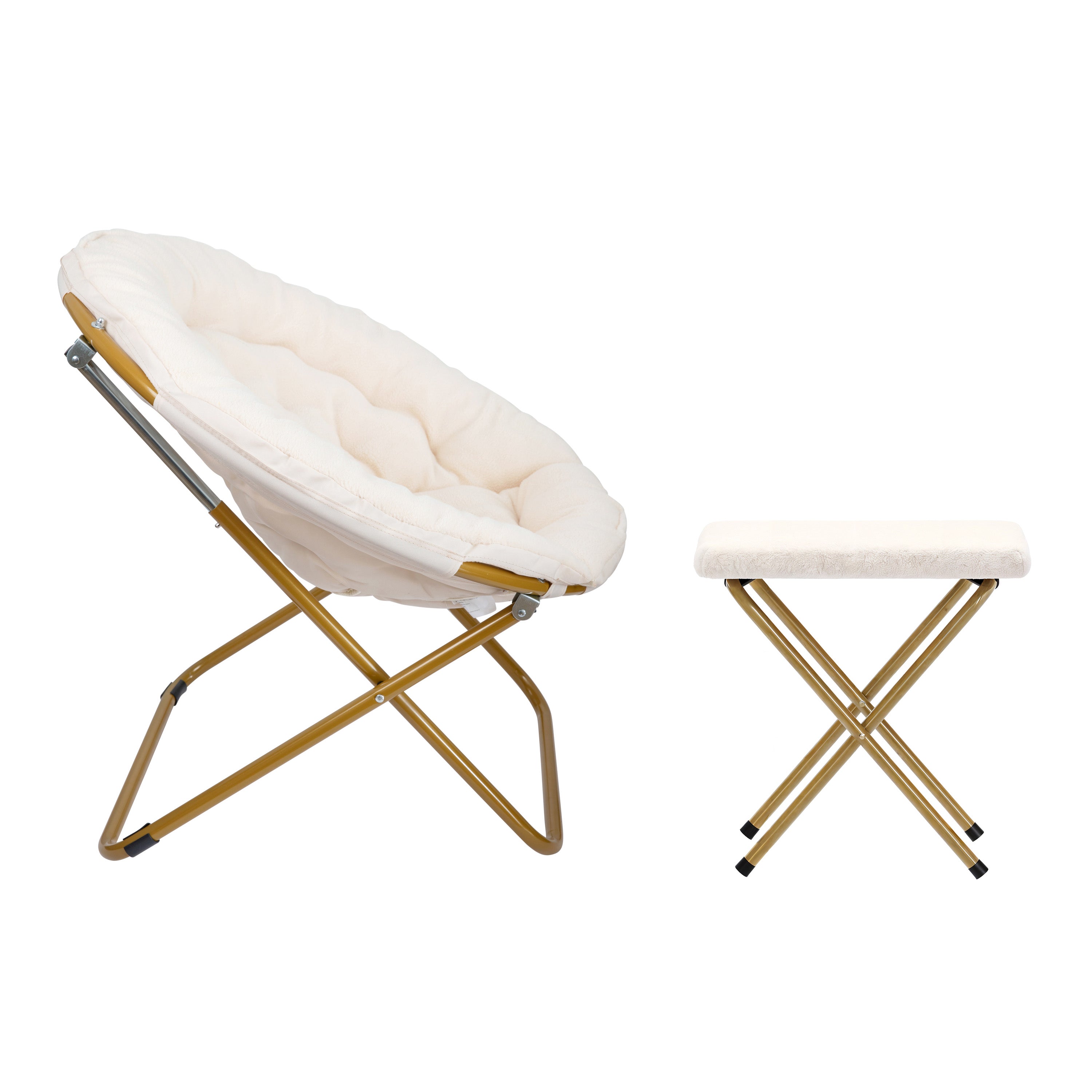 Gwen 38" Oversize Portable Faux Shearling Folding Saucer Moon Chair with Folding Ottoman for Dorm and Bedroom, Ivory Faux Shearling/Soft Gold Frame