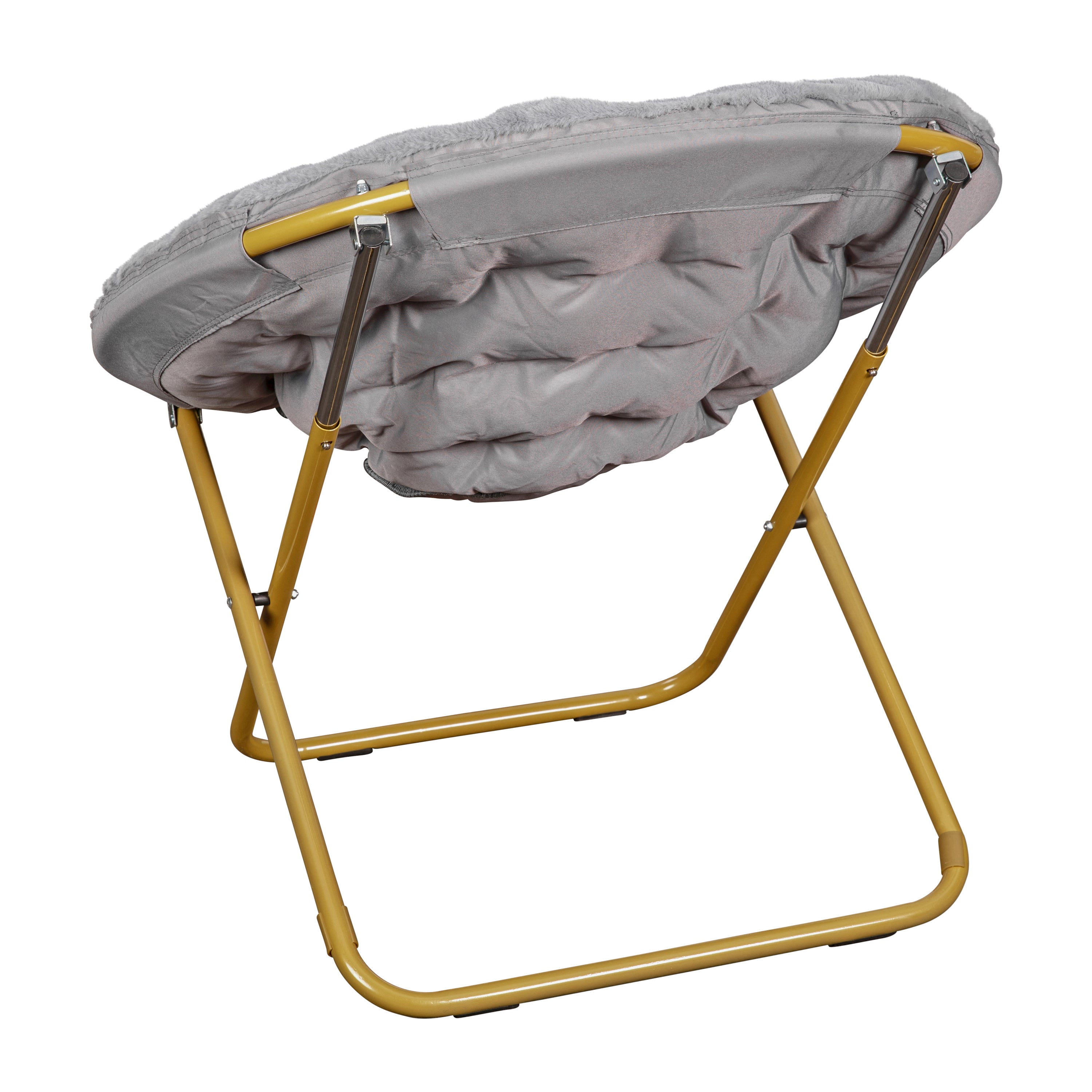 Gwen 38" Oversize Portable Faux Fur Folding Saucer Moon Chair for Dorm and Bedroom, Gray Faux Fur/Soft Gold Frame