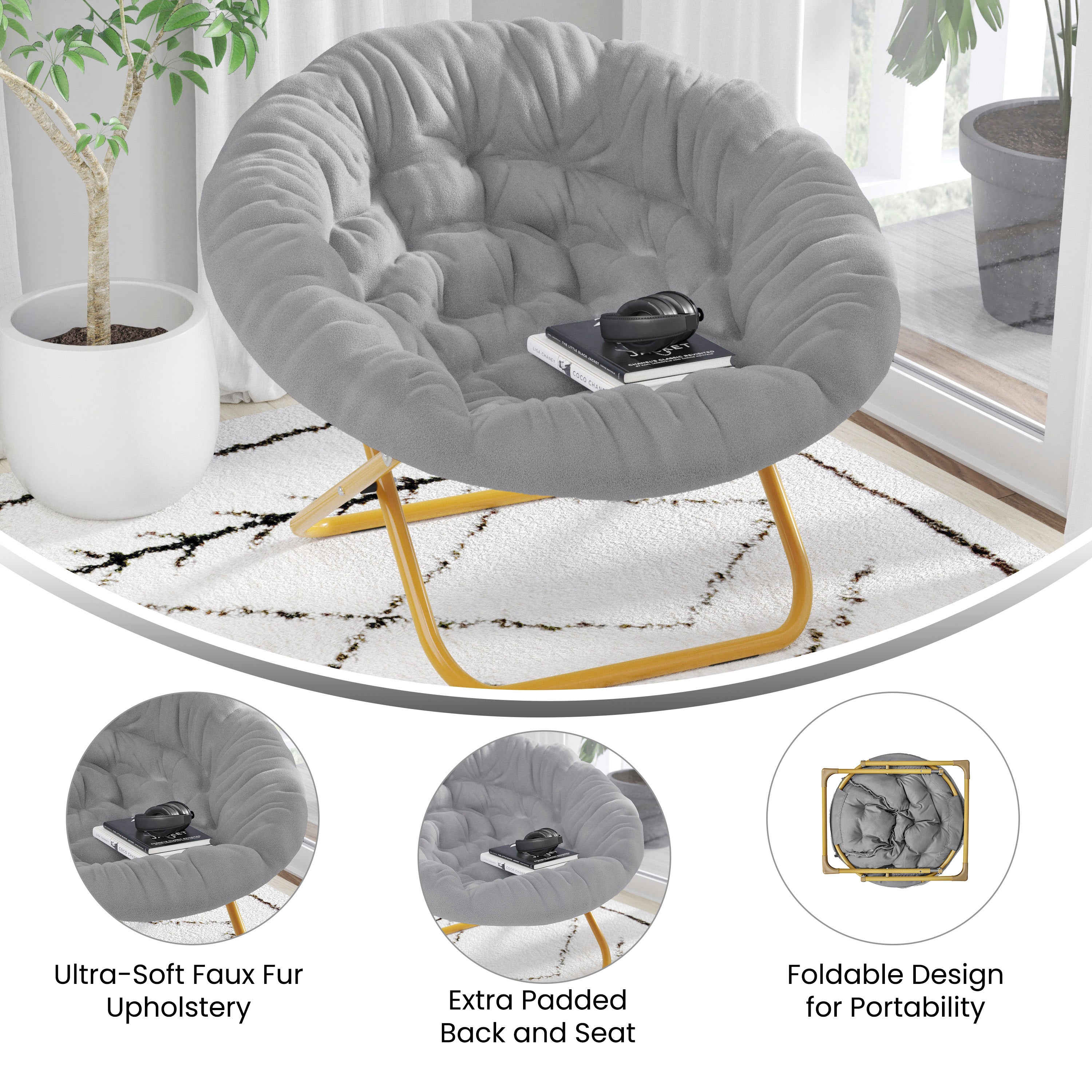 Gwen 38" Oversize Portable Faux Fur Folding Saucer Moon Chair for Dorm and Bedroom, Gray Faux Fur/Soft Gold Frame
