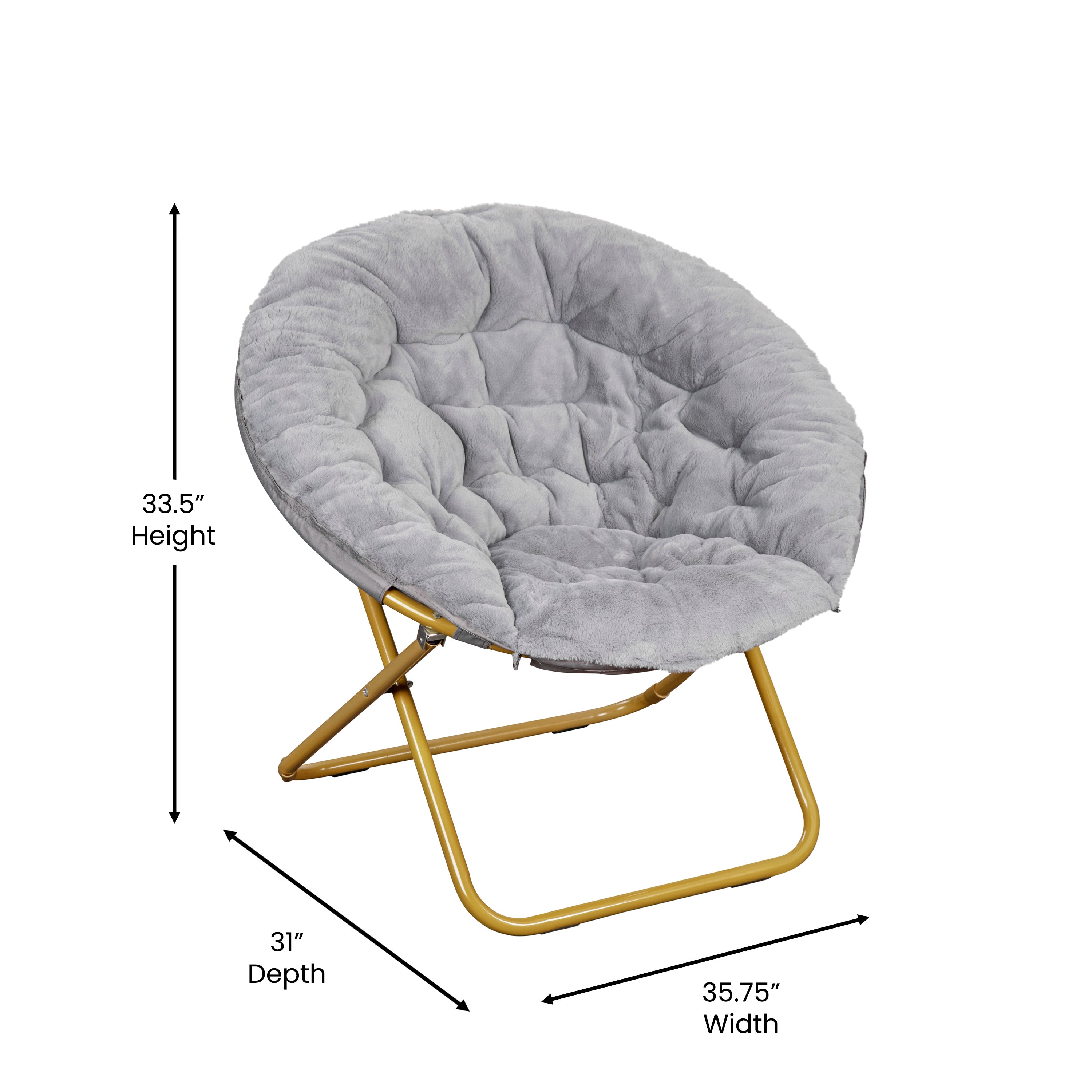 Gwen 38" Oversize Portable Faux Fur Folding Saucer Moon Chair for Dorm and Bedroom, Gray Faux Fur/Soft Gold Frame