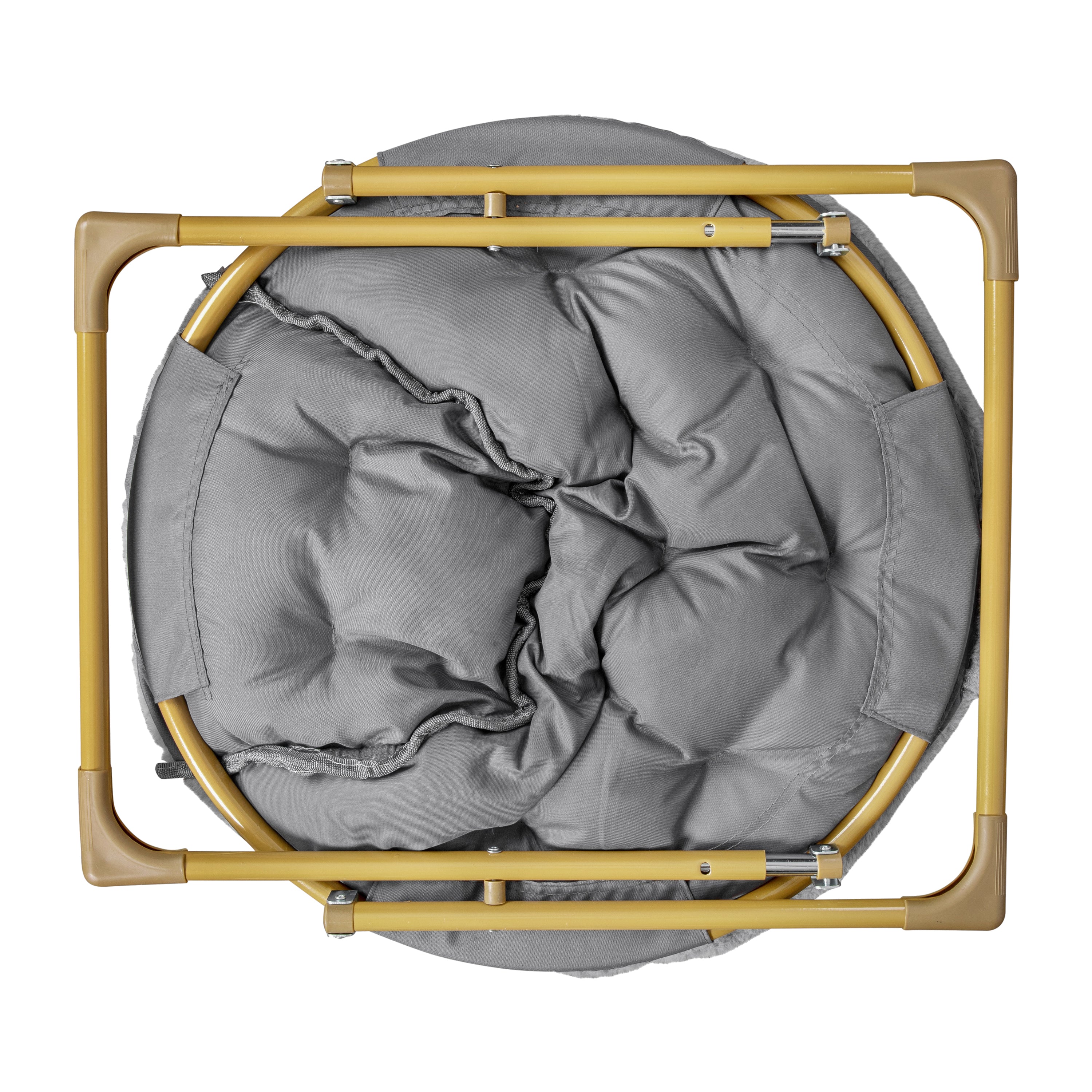 Gwen 38" Oversize Portable Faux Fur Folding Saucer Moon Chair for Dorm and Bedroom, Gray Faux Fur/Soft Gold Frame