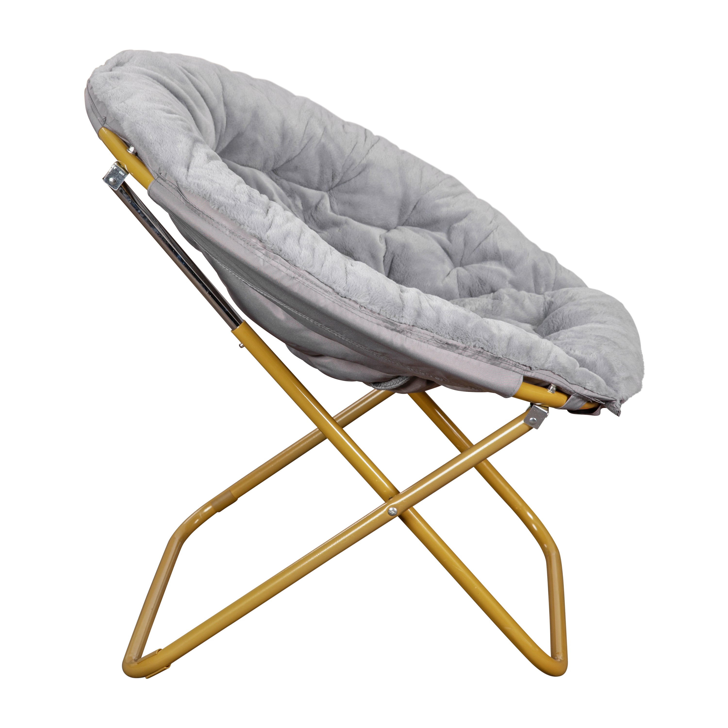 Gwen 38" Oversize Portable Faux Fur Folding Saucer Moon Chair for Dorm and Bedroom, Gray Faux Fur/Soft Gold Frame