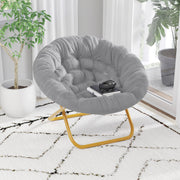 Gwen 38" Oversize Portable Faux Fur Folding Saucer Moon Chair for Dorm and Bedroom, Gray Faux Fur/Soft Gold Frame