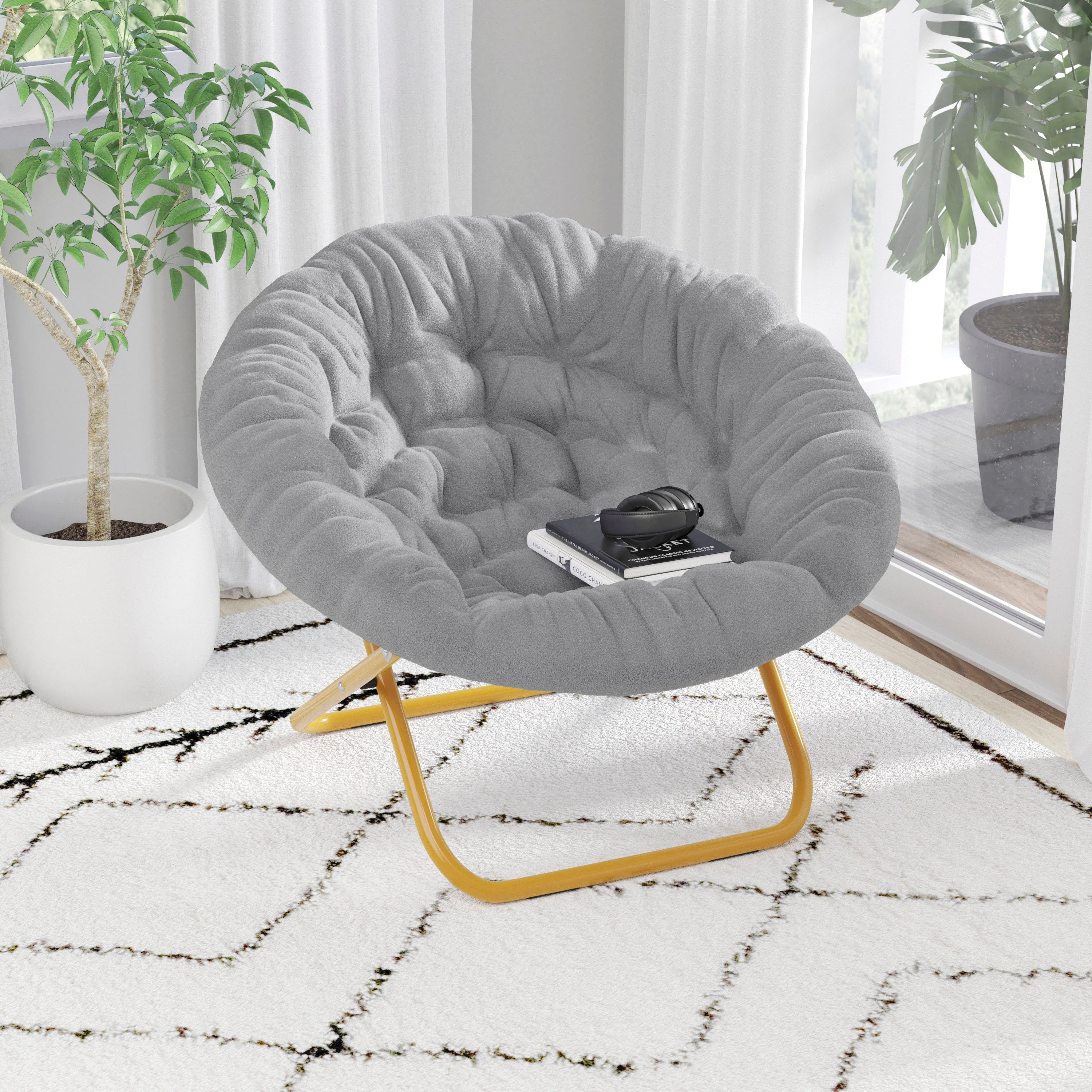 Gwen 38" Oversize Portable Faux Fur Folding Saucer Moon Chair for Dorm and Bedroom, Gray Faux Fur/Soft Gold Frame