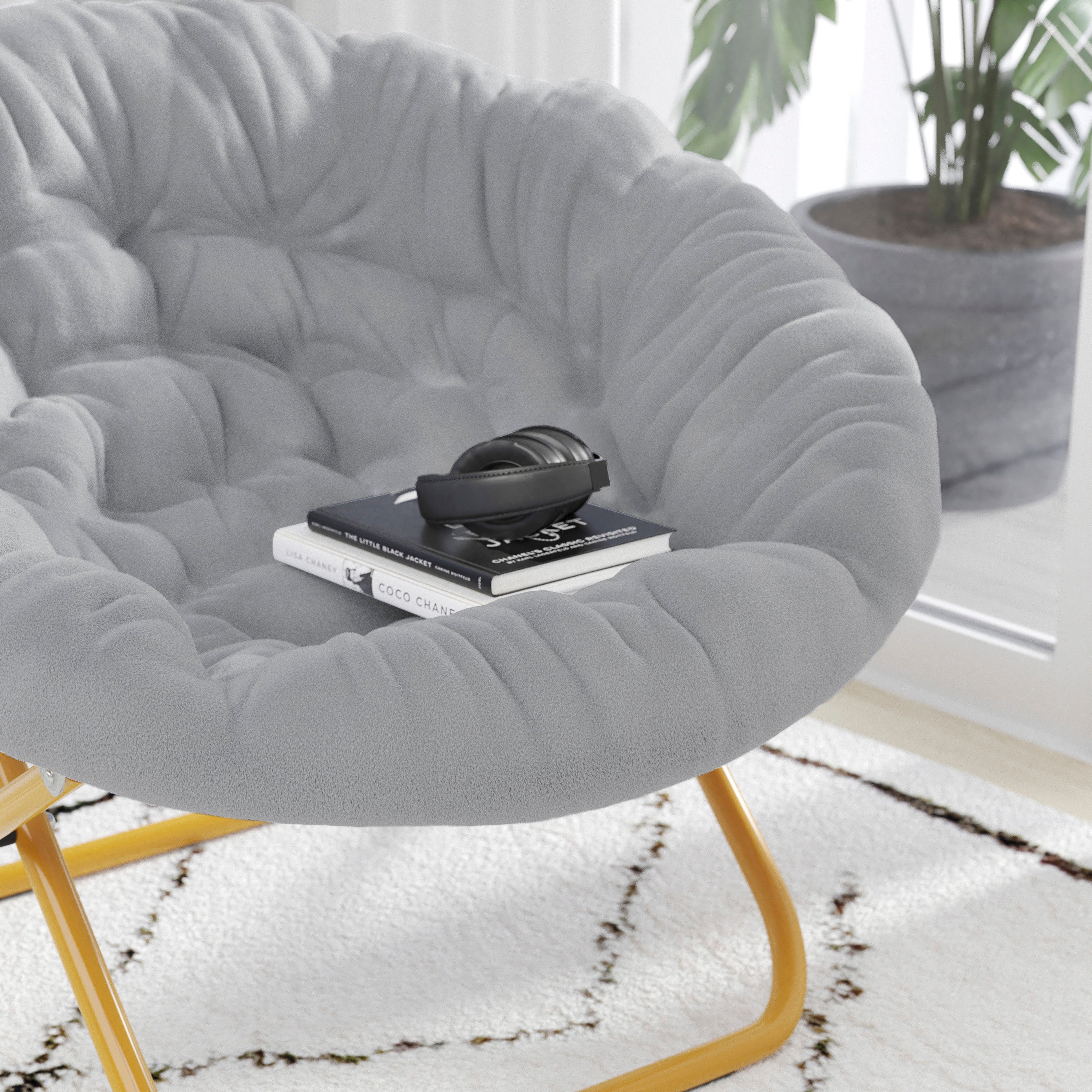 Gwen 38" Oversize Portable Faux Fur Folding Saucer Moon Chair for Dorm and Bedroom, Gray Faux Fur/Soft Gold Frame
