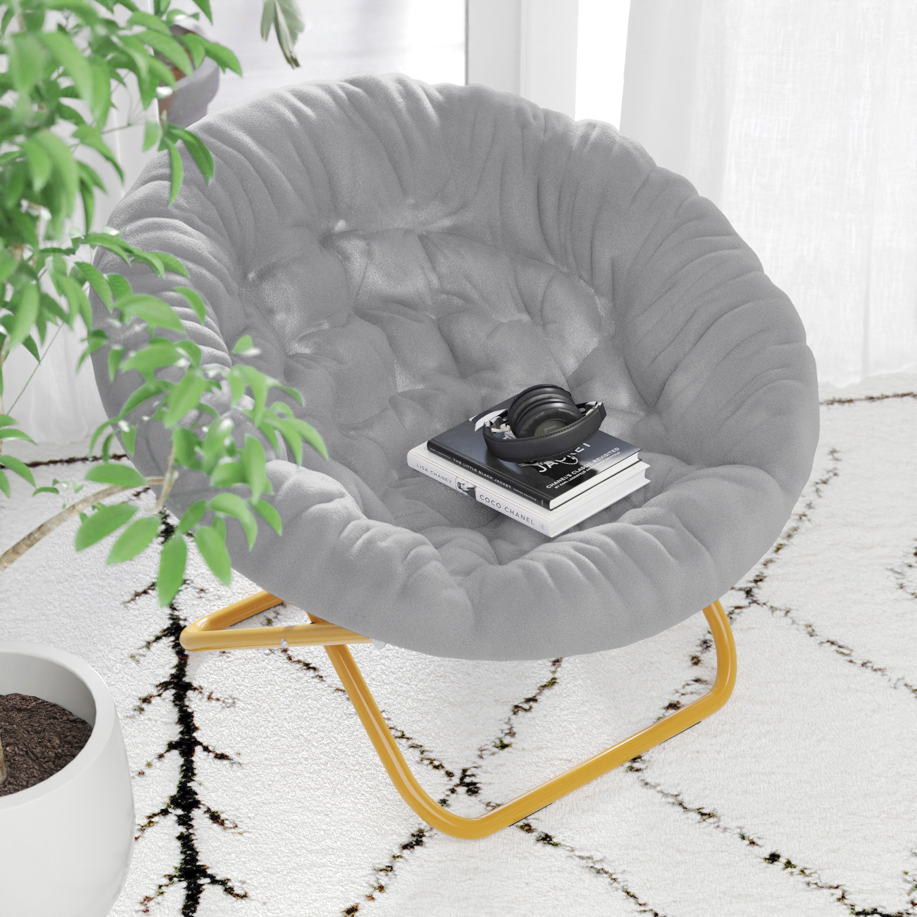 Gwen 38" Oversize Portable Faux Fur Folding Saucer Moon Chair for Dorm and Bedroom, Gray Faux Fur/Soft Gold Frame