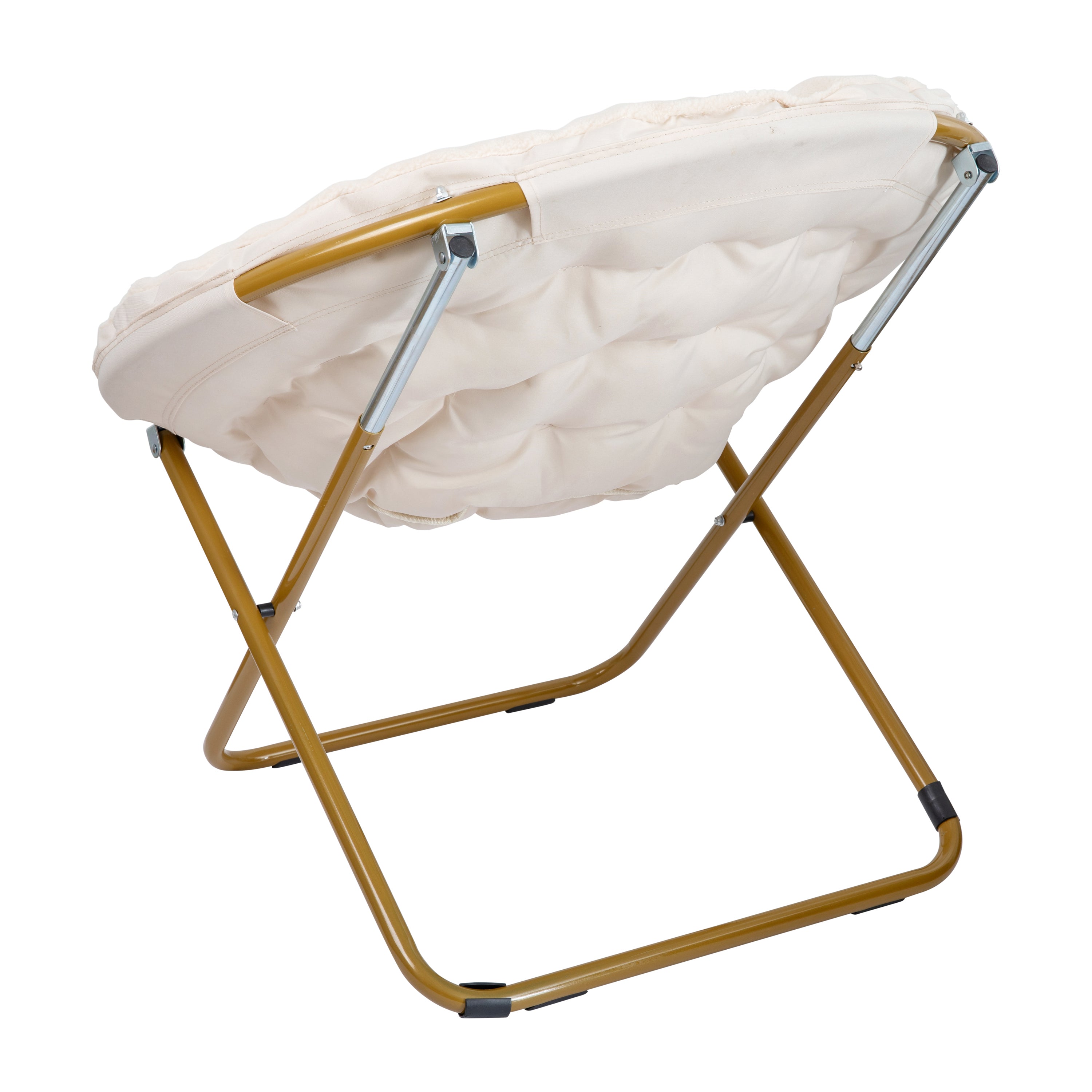 Gwen 38" Oversize Portable Faux Fur Folding Saucer Moon Chair for Dorm and Bedroom, Ivory Sherpa/Soft Gold Frame