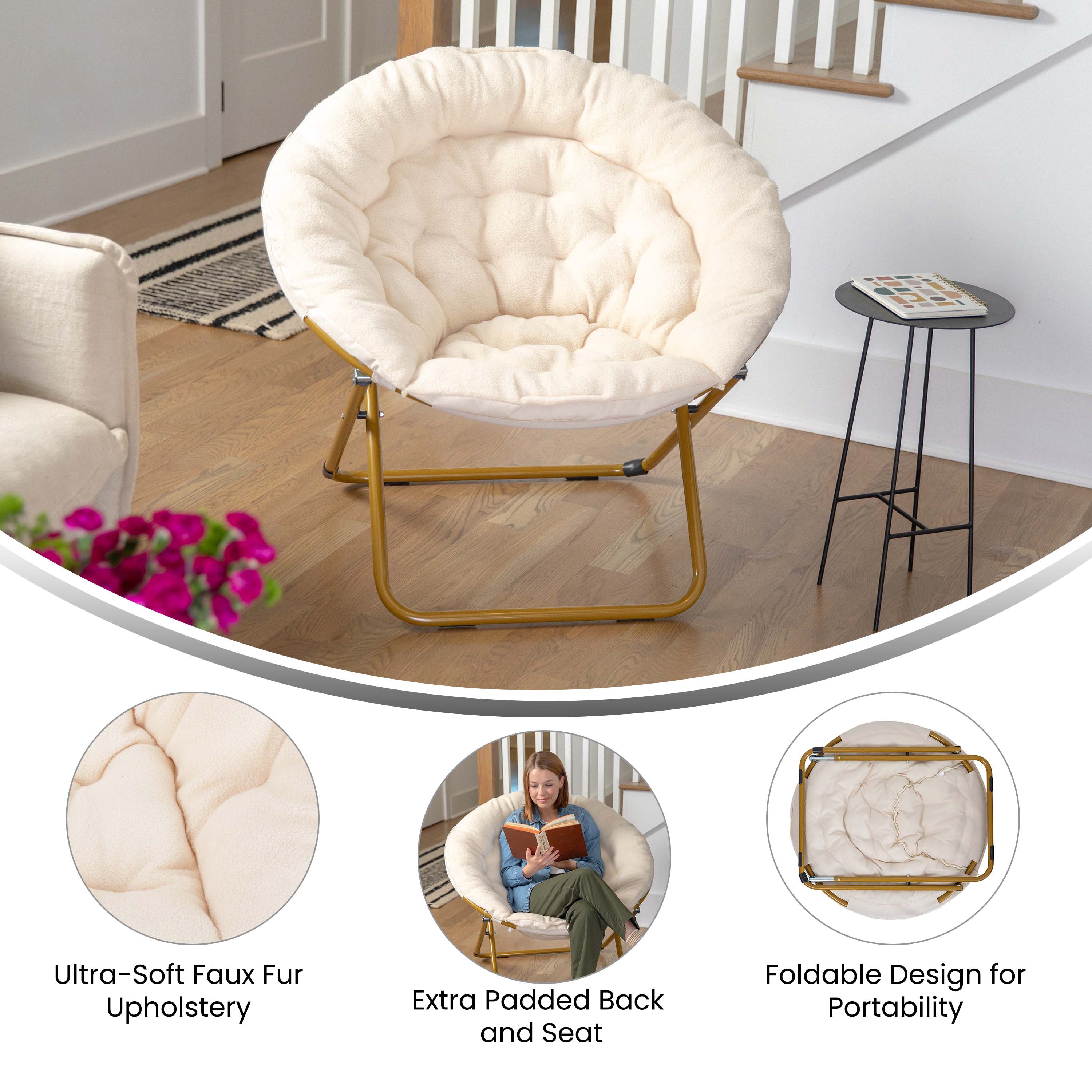 Gwen 38" Oversize Portable Faux Fur Folding Saucer Moon Chair for Dorm and Bedroom, Ivory Sherpa/Soft Gold Frame