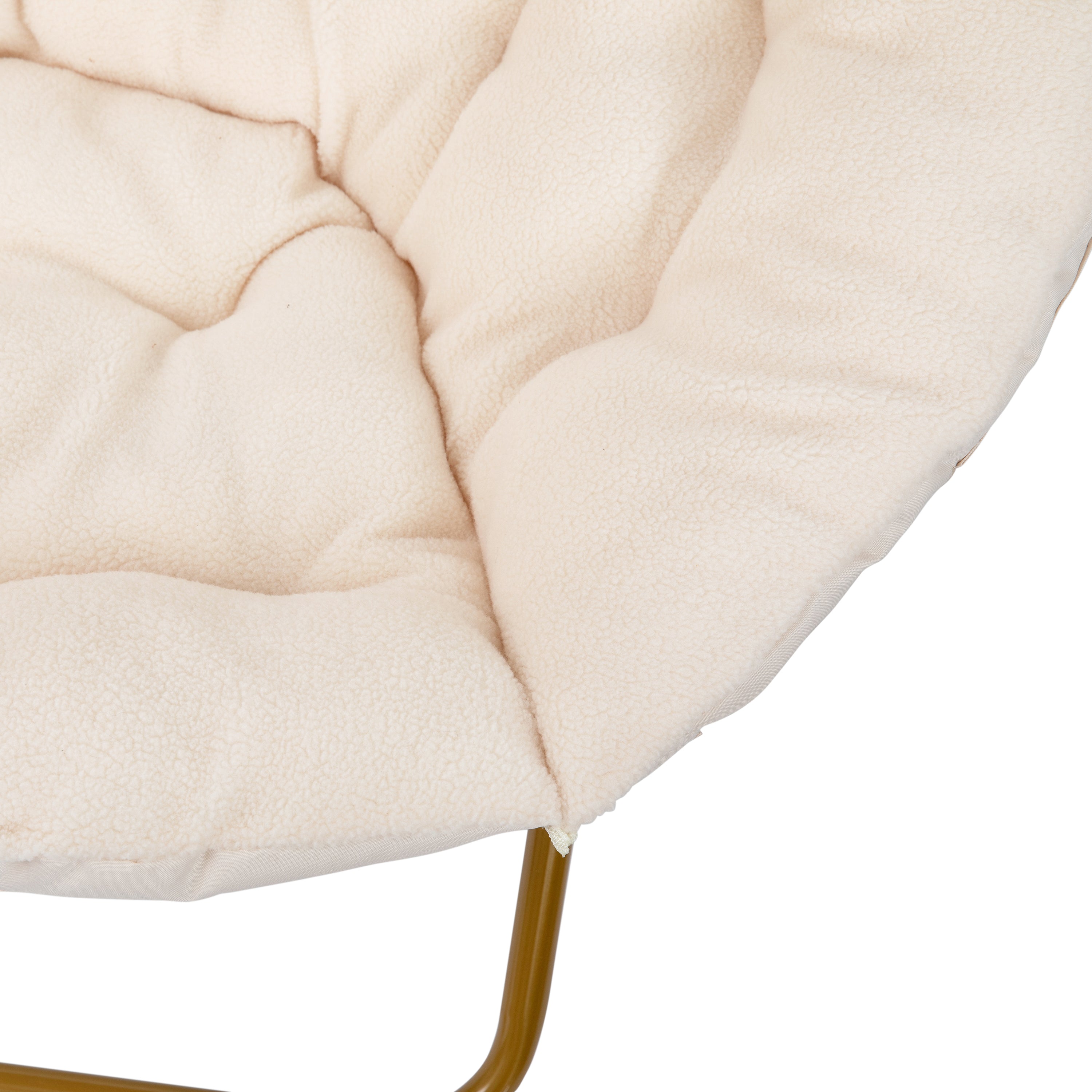 Gwen 38" Oversize Portable Faux Fur Folding Saucer Moon Chair for Dorm and Bedroom, Ivory Sherpa/Soft Gold Frame