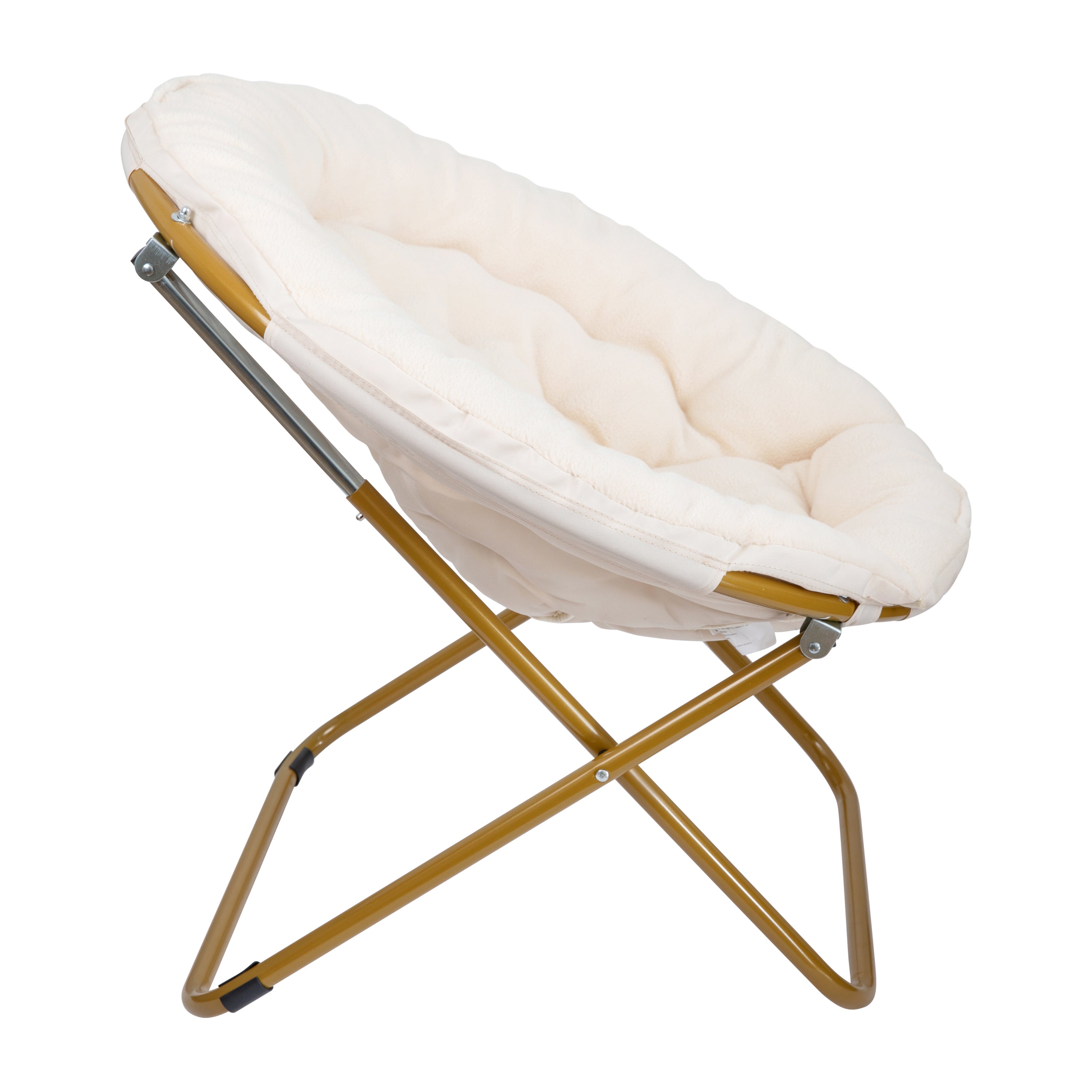 Gwen 38" Oversize Portable Faux Fur Folding Saucer Moon Chair for Dorm and Bedroom, Ivory Sherpa/Soft Gold Frame