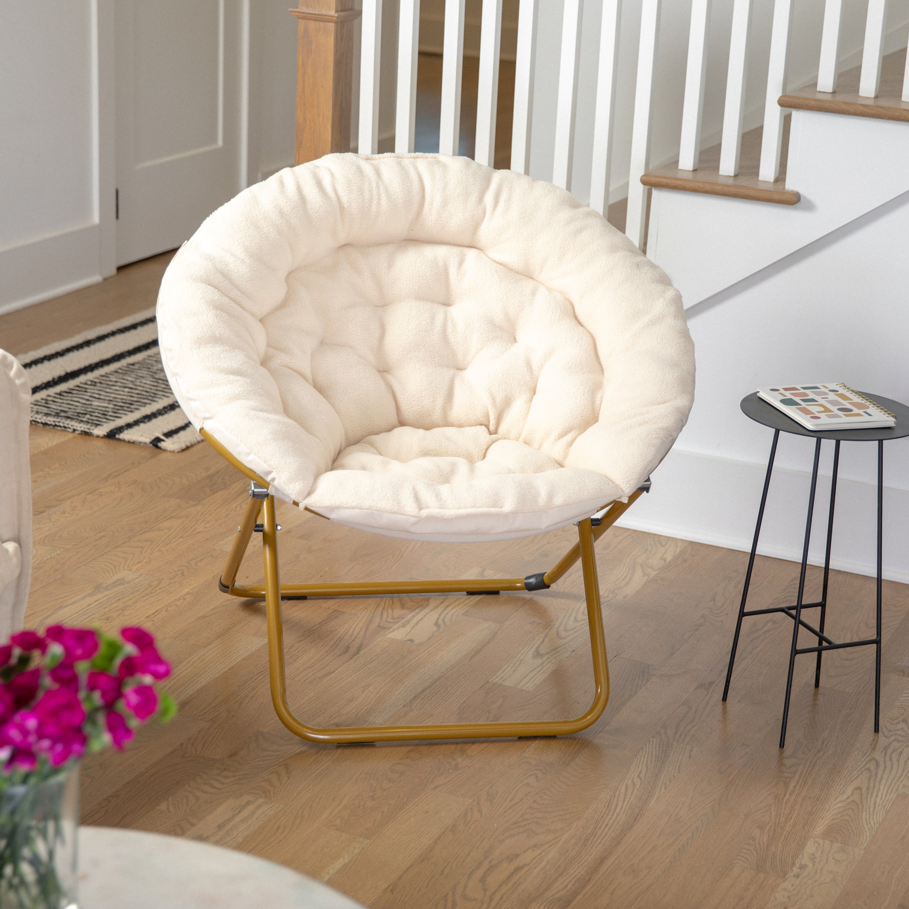 Gwen 38" Oversize Portable Faux Fur Folding Saucer Moon Chair for Dorm and Bedroom, Ivory Sherpa/Soft Gold Frame