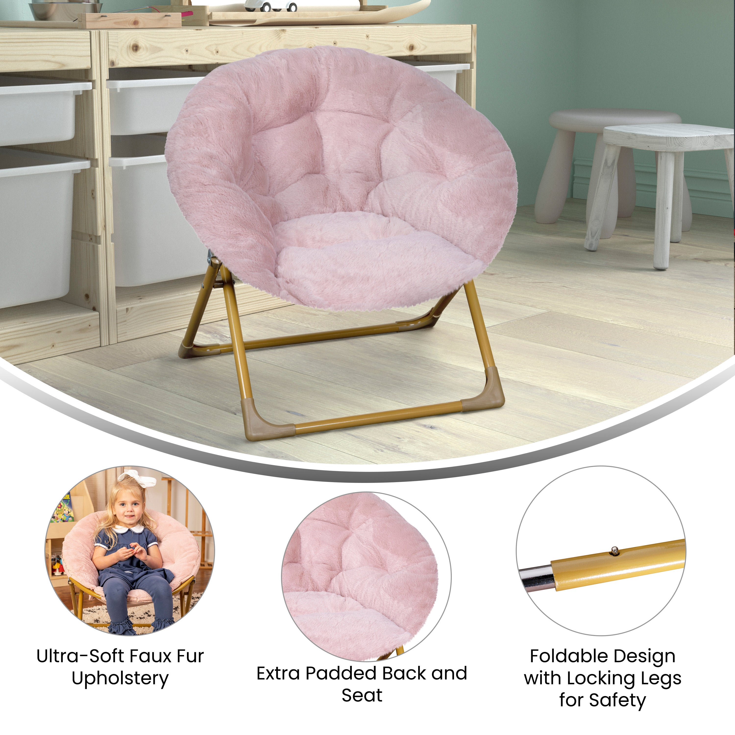 Gwen 23" Kids Cozy Mini Folding Saucer Chair, Faux Fur Moon Chair for Toddlers and Bedroom, Blush/Soft Gold
