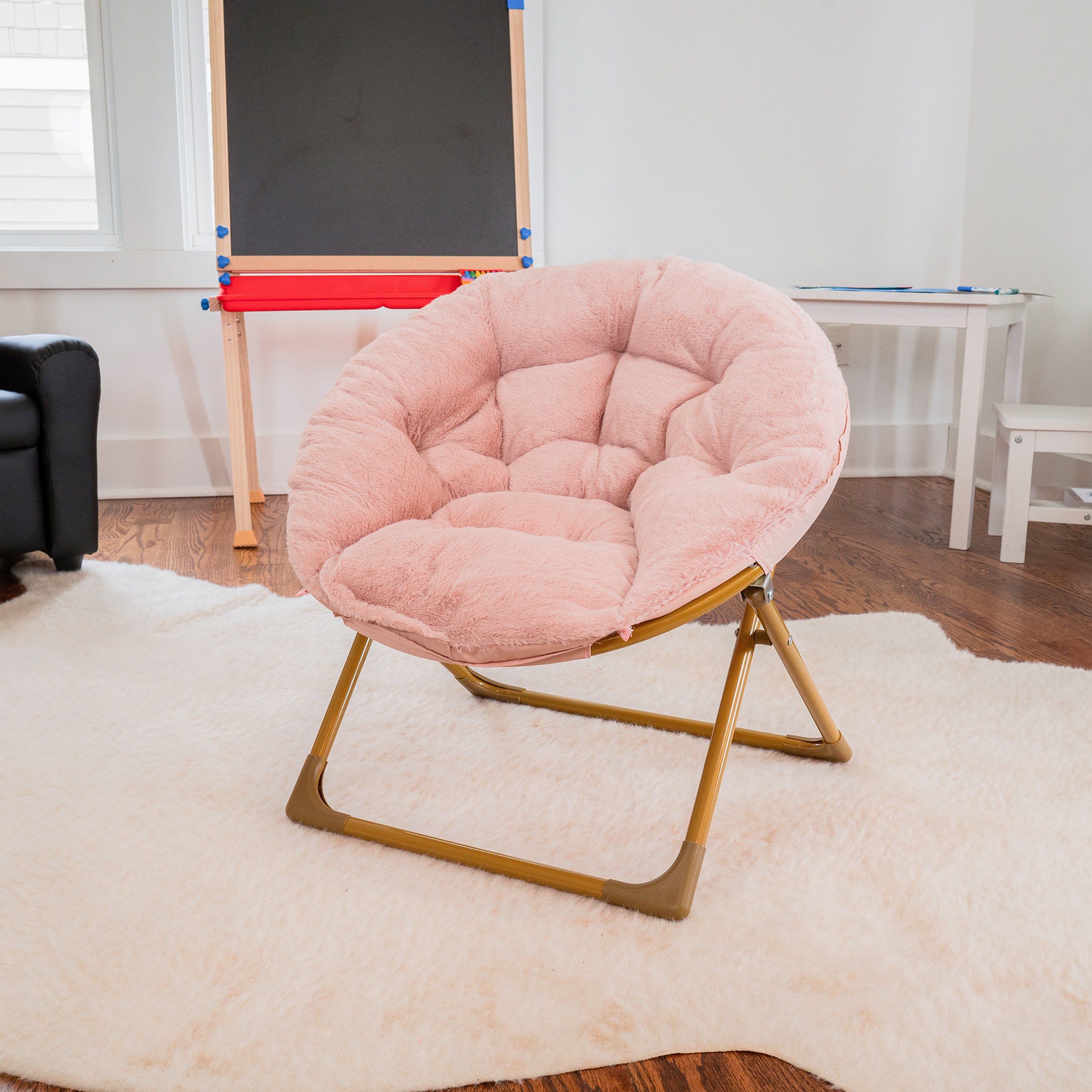 Gwen 23" Kids Cozy Mini Folding Saucer Chair, Faux Fur Moon Chair for Toddlers and Bedroom, Blush/Soft Gold