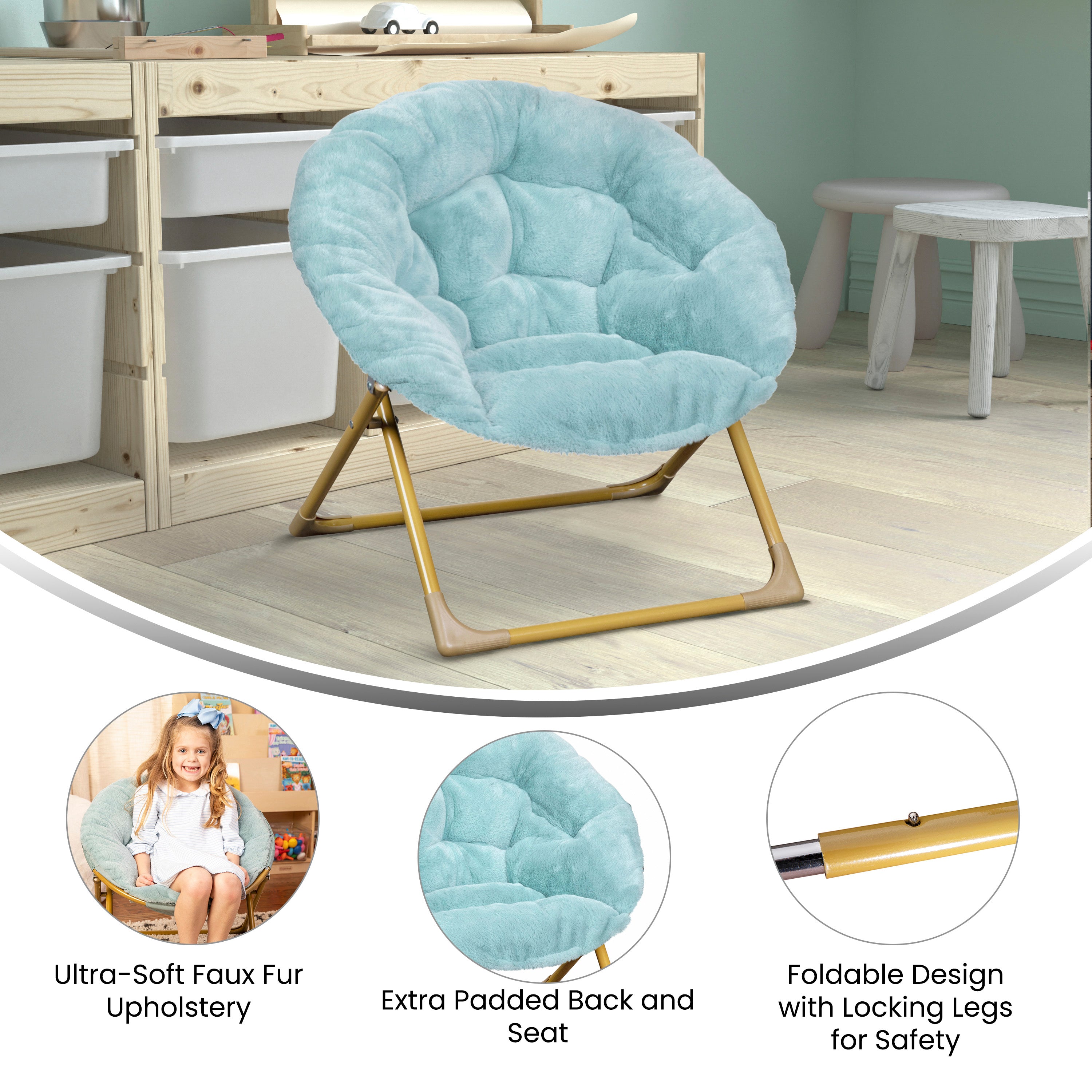 Gwen 23" Kids Cozy Mini Folding Saucer Chair, Faux Fur Moon Chair for Toddlers and Bedroom, Dusty Aqua/Soft Gold