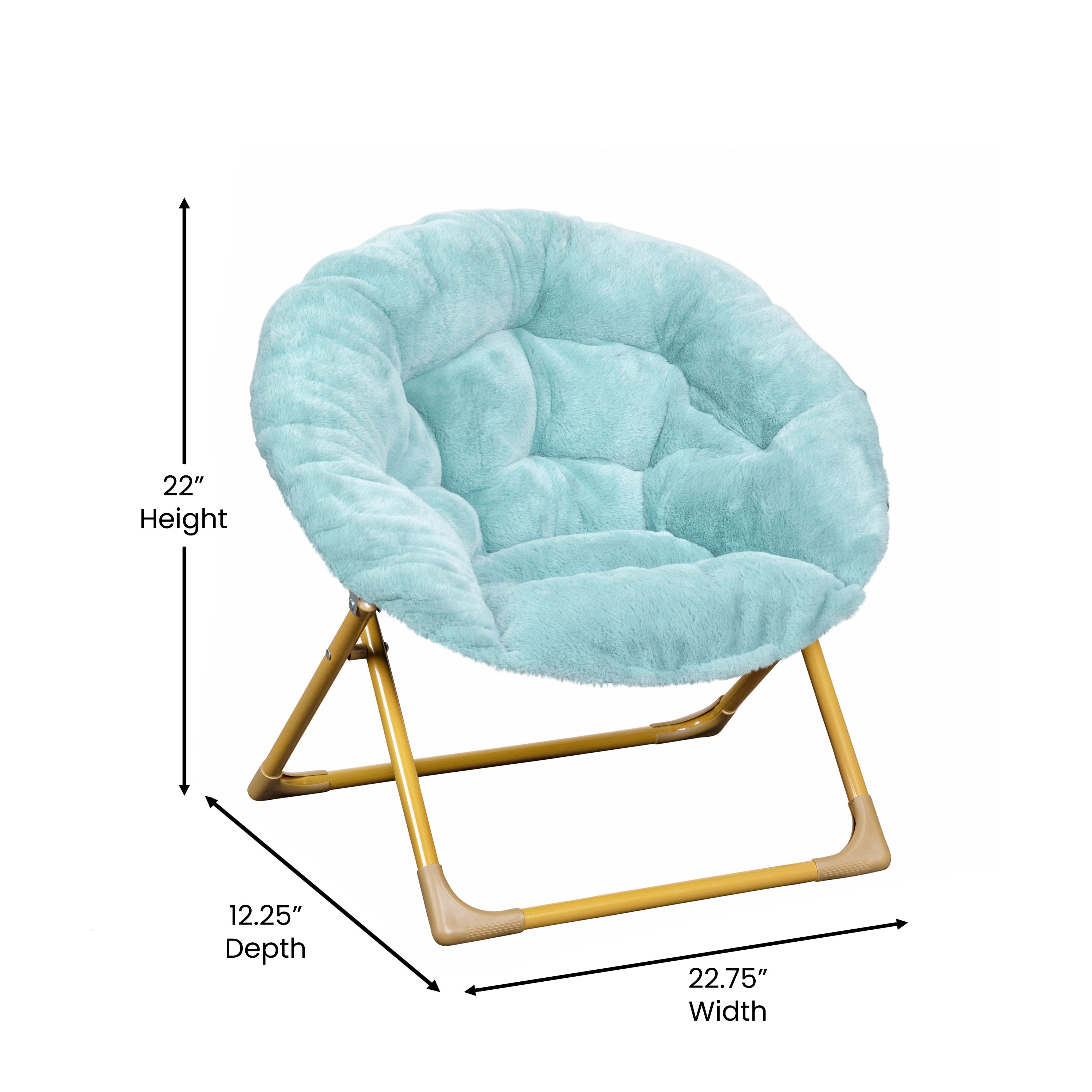 Gwen 23" Kids Cozy Mini Folding Saucer Chair, Faux Fur Moon Chair for Toddlers and Bedroom, Dusty Aqua/Soft Gold