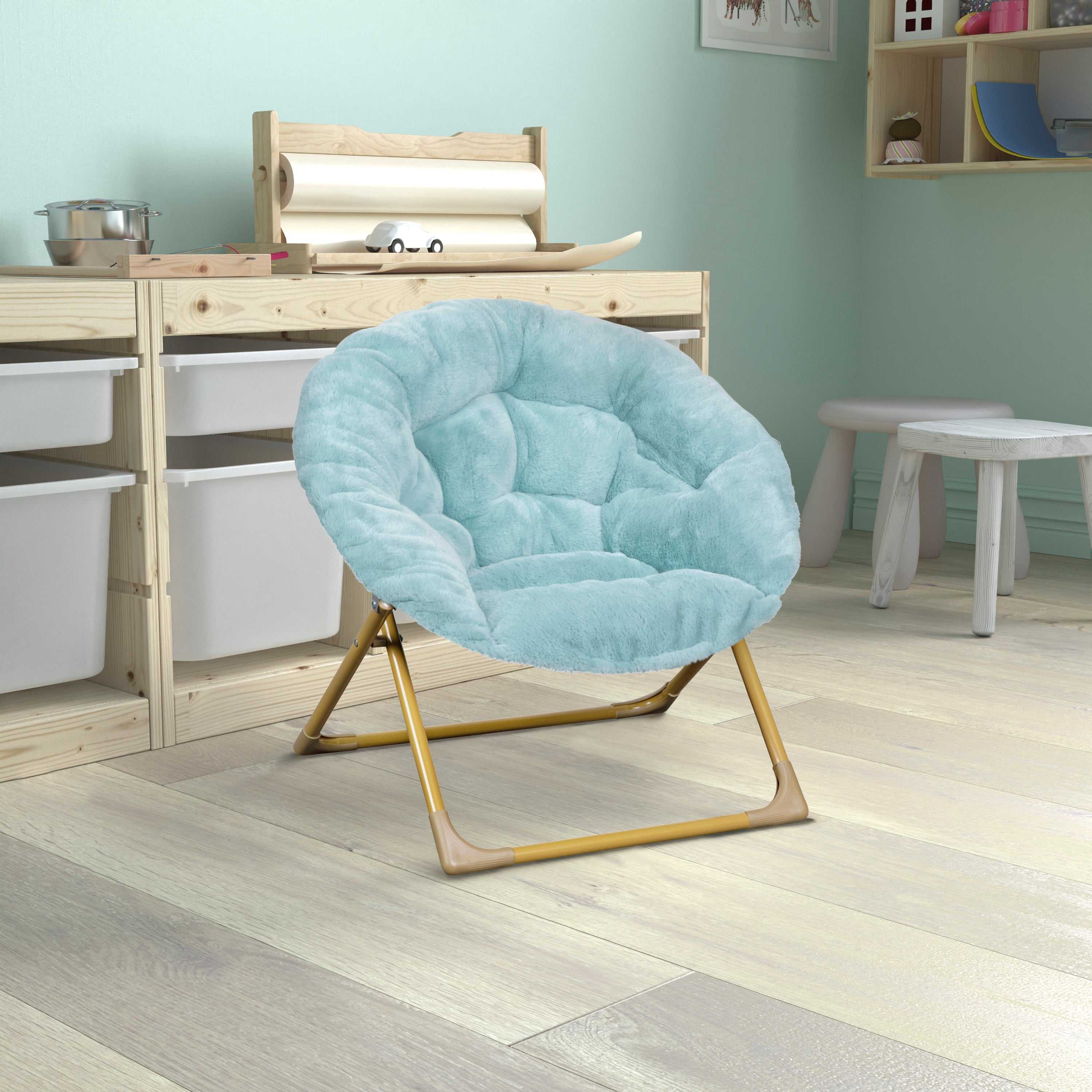 Gwen 23" Kids Cozy Mini Folding Saucer Chair, Faux Fur Moon Chair for Toddlers and Bedroom, Dusty Aqua/Soft Gold