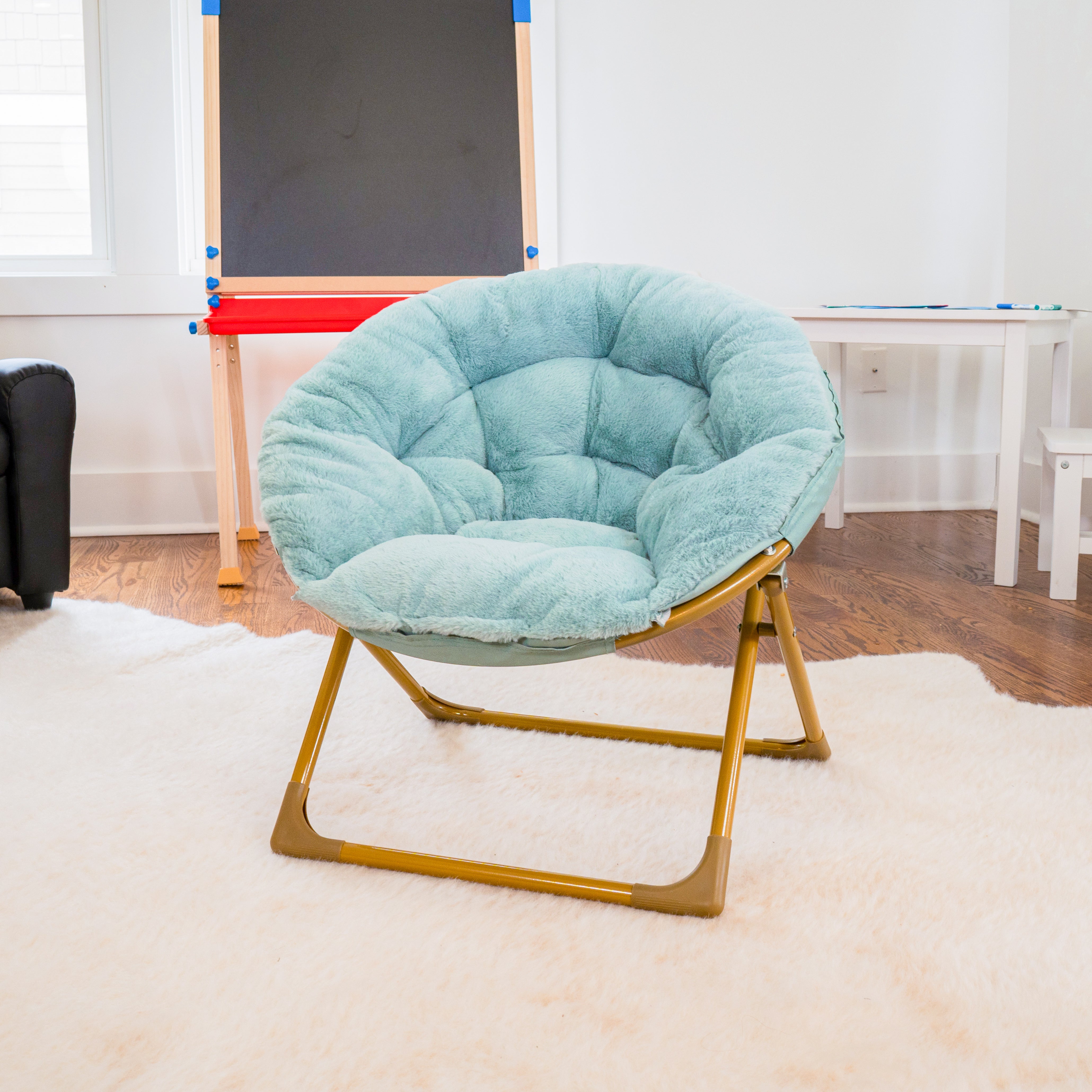 Gwen 23" Kids Cozy Mini Folding Saucer Chair, Faux Fur Moon Chair for Toddlers and Bedroom, Dusty Aqua/Soft Gold