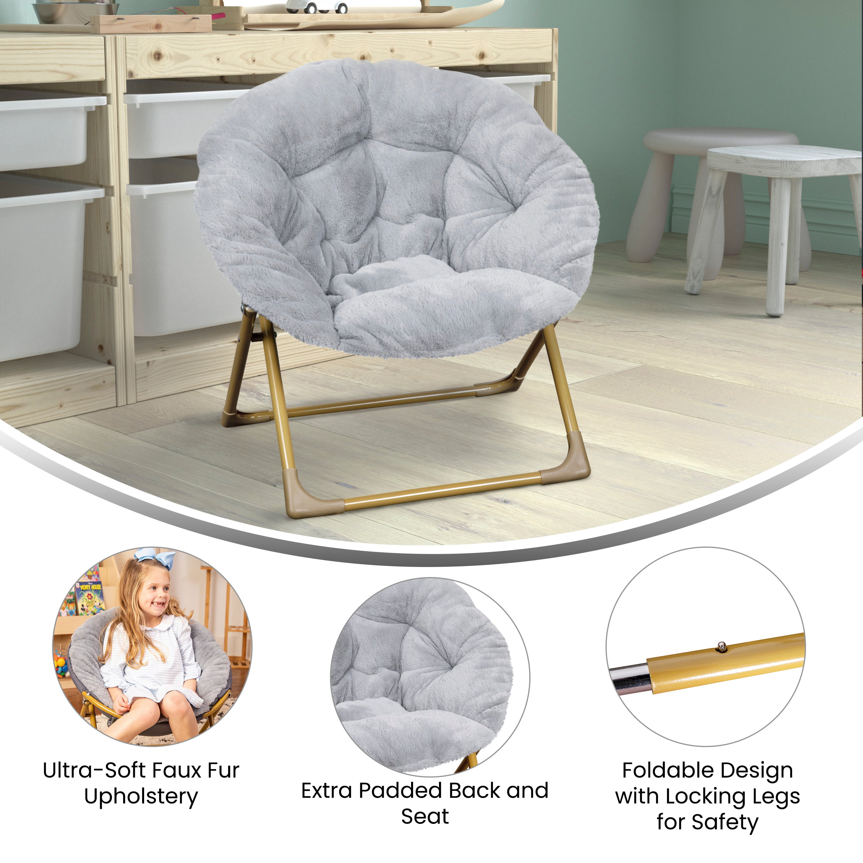 Gwen  23" Kids Cozy Mini Folding Saucer Chair, Faux Fur Moon Chair for Toddlers and Bedroom, Gray/Soft Gold