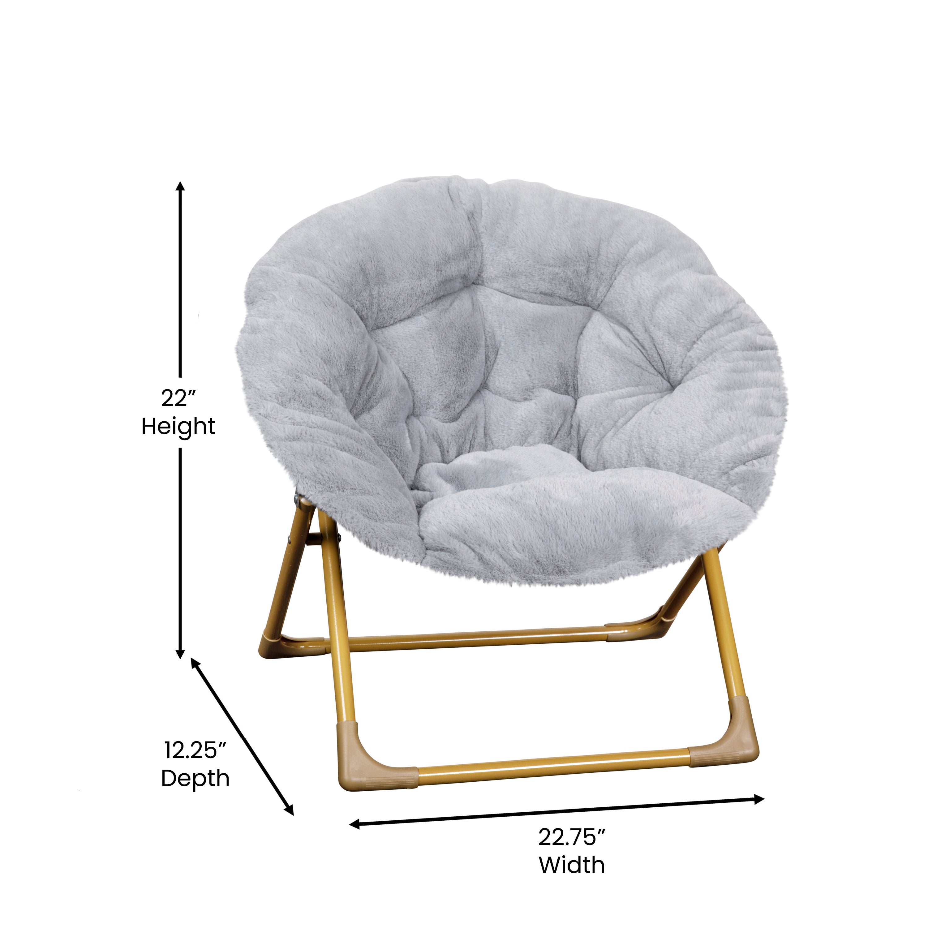 Gwen  23" Kids Cozy Mini Folding Saucer Chair, Faux Fur Moon Chair for Toddlers and Bedroom, Gray/Soft Gold
