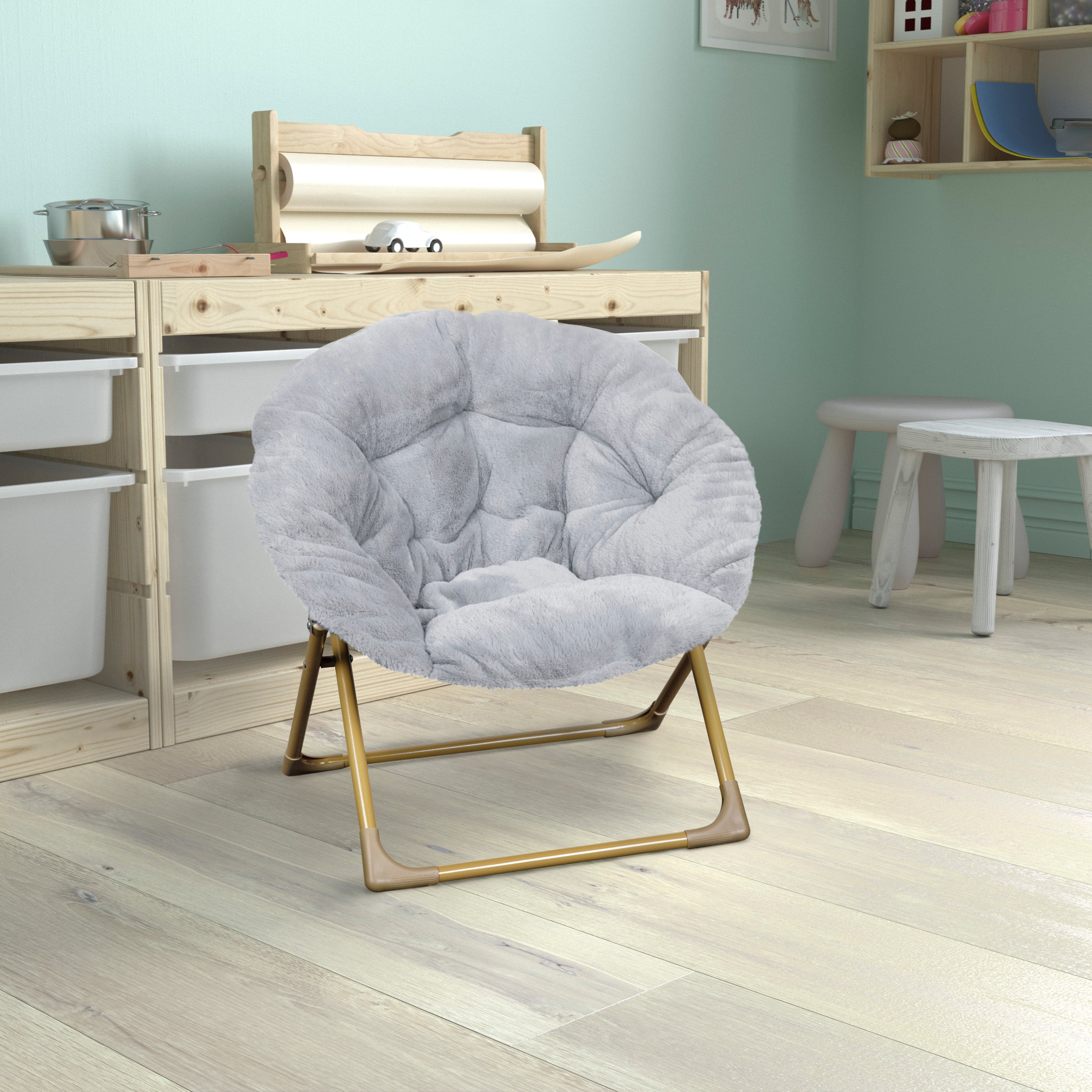 Gwen  23" Kids Cozy Mini Folding Saucer Chair, Faux Fur Moon Chair for Toddlers and Bedroom, Gray/Soft Gold