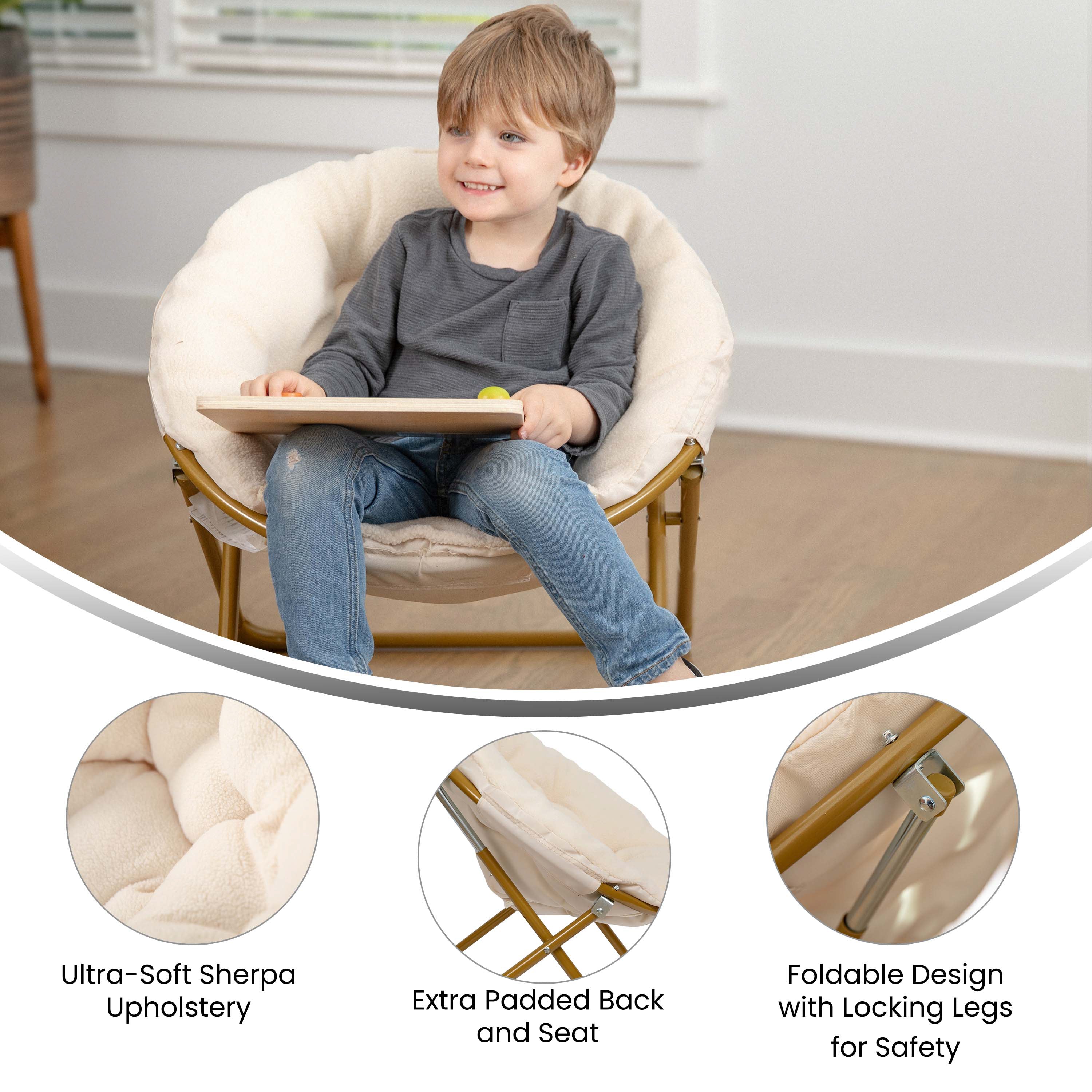 Gwen 23" Kids Cozy Mini Folding Saucer Chair, Sherpa Moon Chair for Toddlers and Bedroom, Ivory/Soft Gold