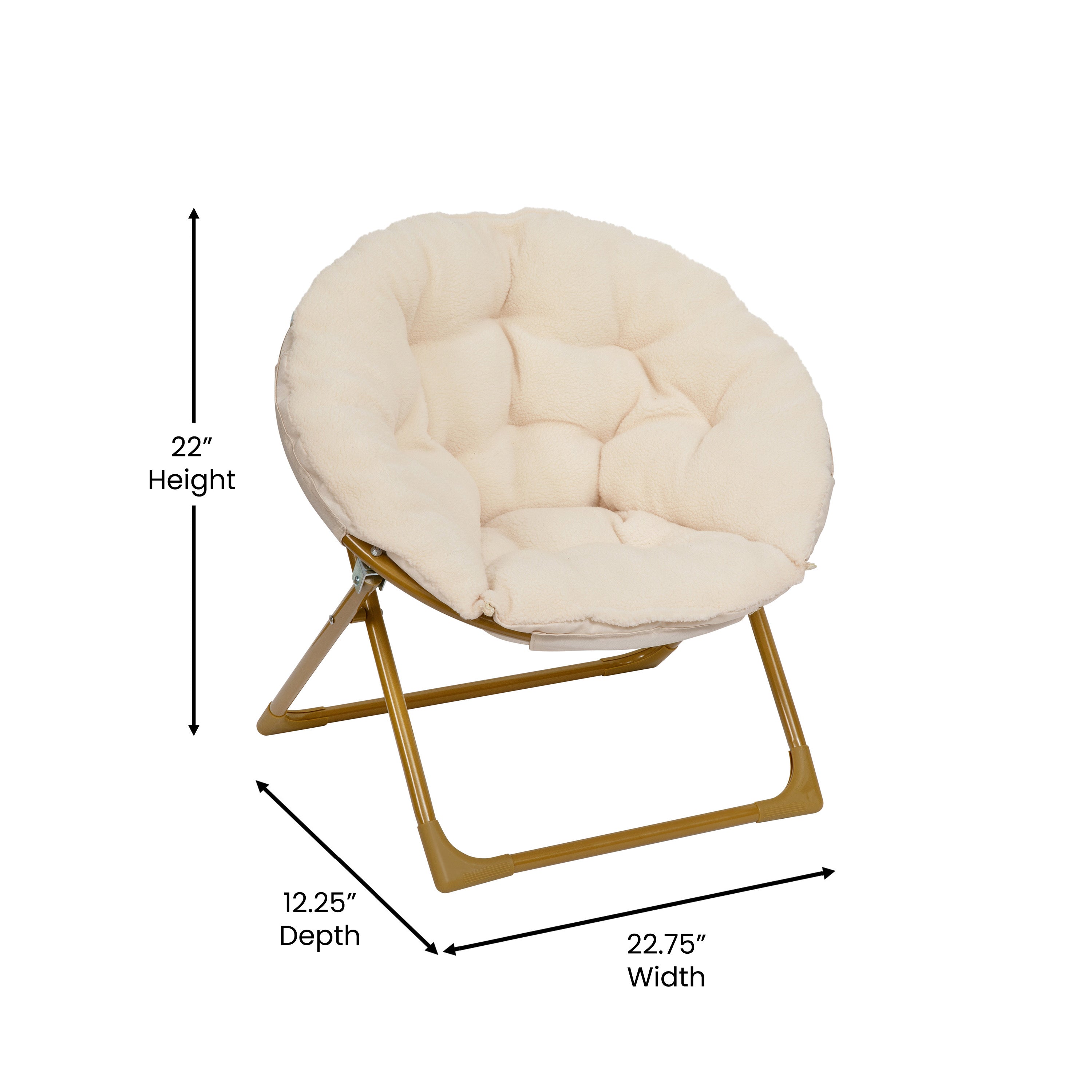 Gwen 23" Kids Cozy Mini Folding Saucer Chair, Sherpa Moon Chair for Toddlers and Bedroom, Ivory/Soft Gold