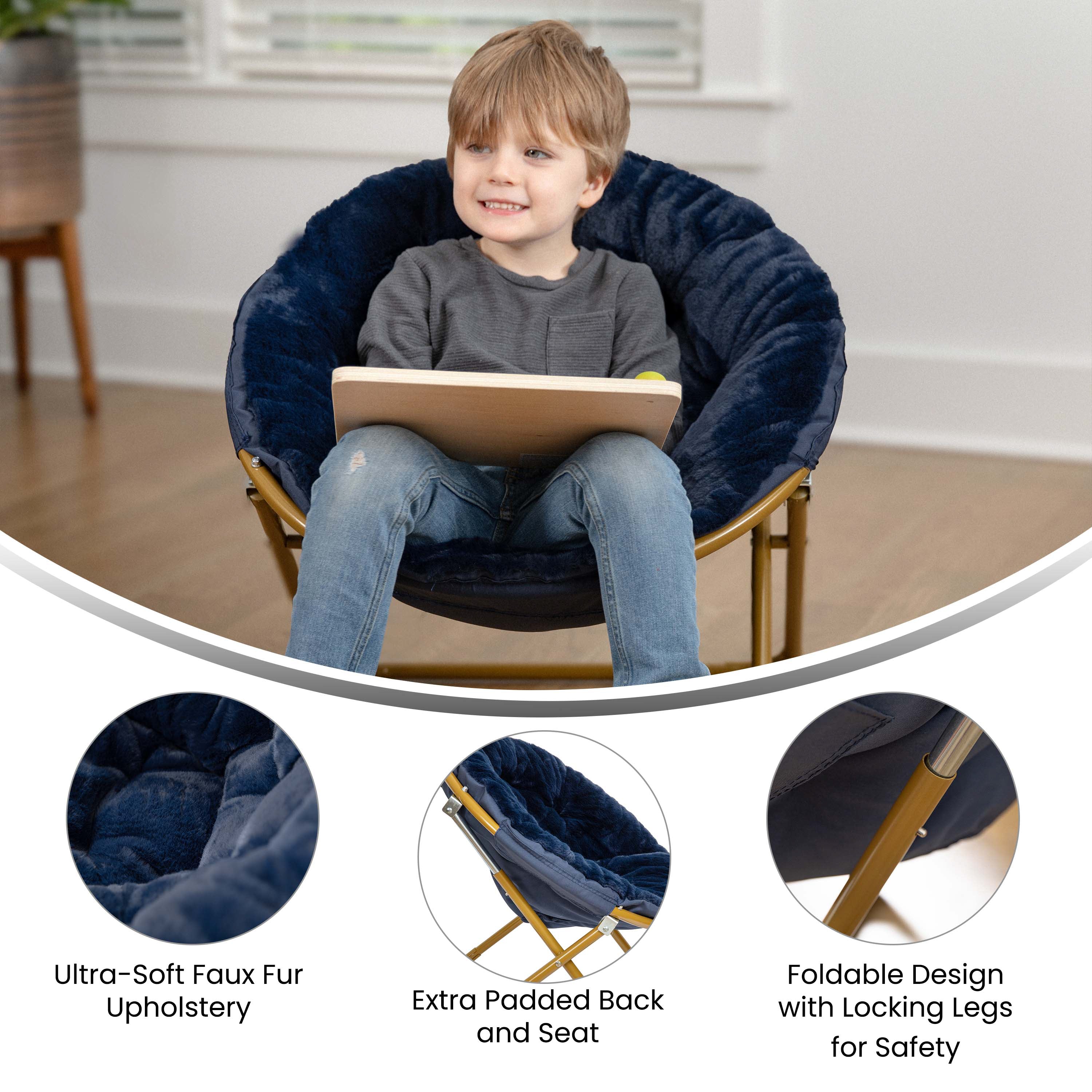 Gwen 23" Kids Cozy Mini Folding Saucer Chair, Faux Fur Moon Chair for Toddlers and Bedroom, Navy/Soft Gold