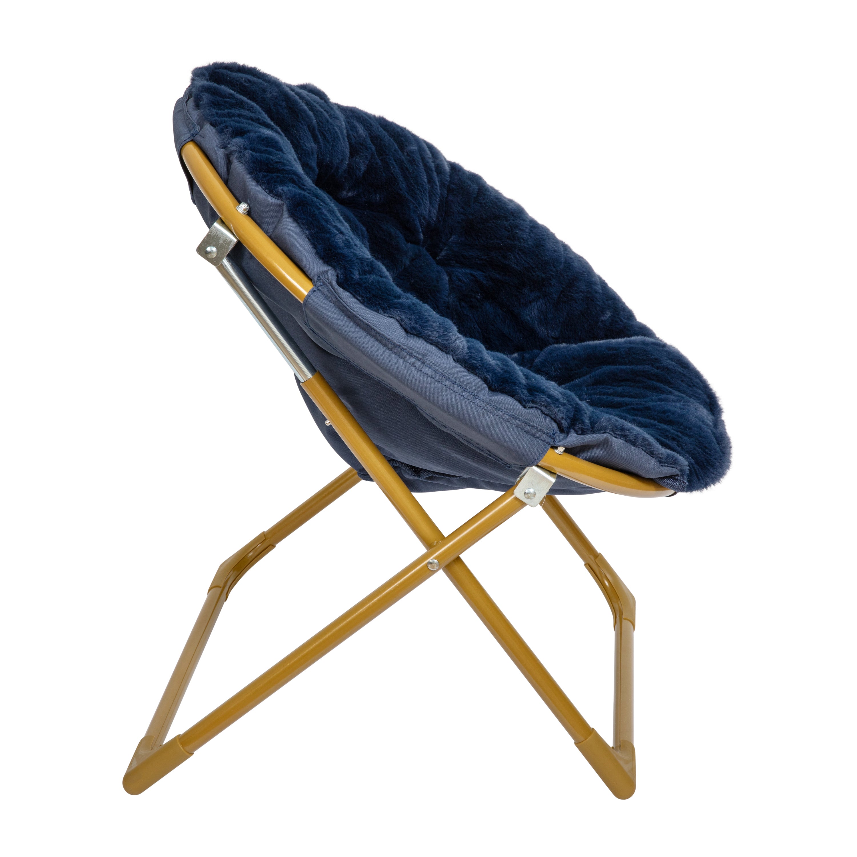 Gwen 23" Kids Cozy Mini Folding Saucer Chair, Faux Fur Moon Chair for Toddlers and Bedroom, Navy/Soft Gold
