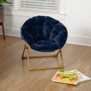 Gwen 23" Kids Cozy Mini Folding Saucer Chair, Faux Fur Moon Chair for Toddlers and Bedroom, Navy/Soft Gold