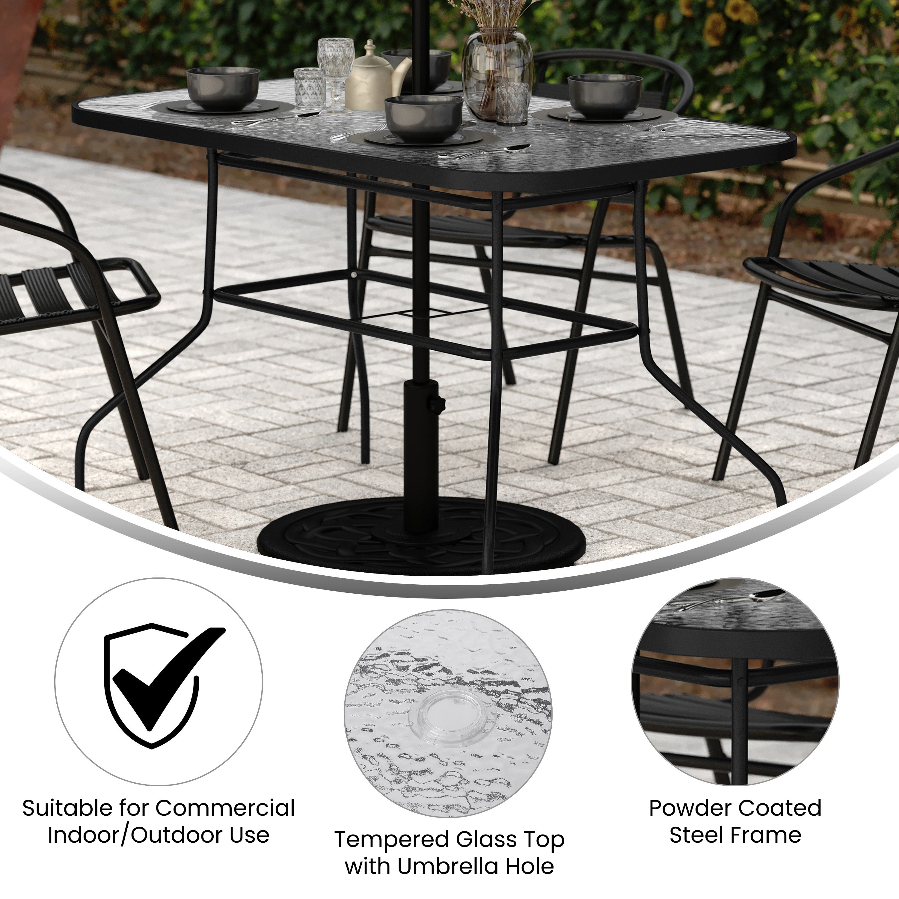 Tory Commercial Grade 27.5" x 47.25" Rectangular Patio Table with Tempered Glass Top with Umbrella Hole and Steel Tube Frame in Black