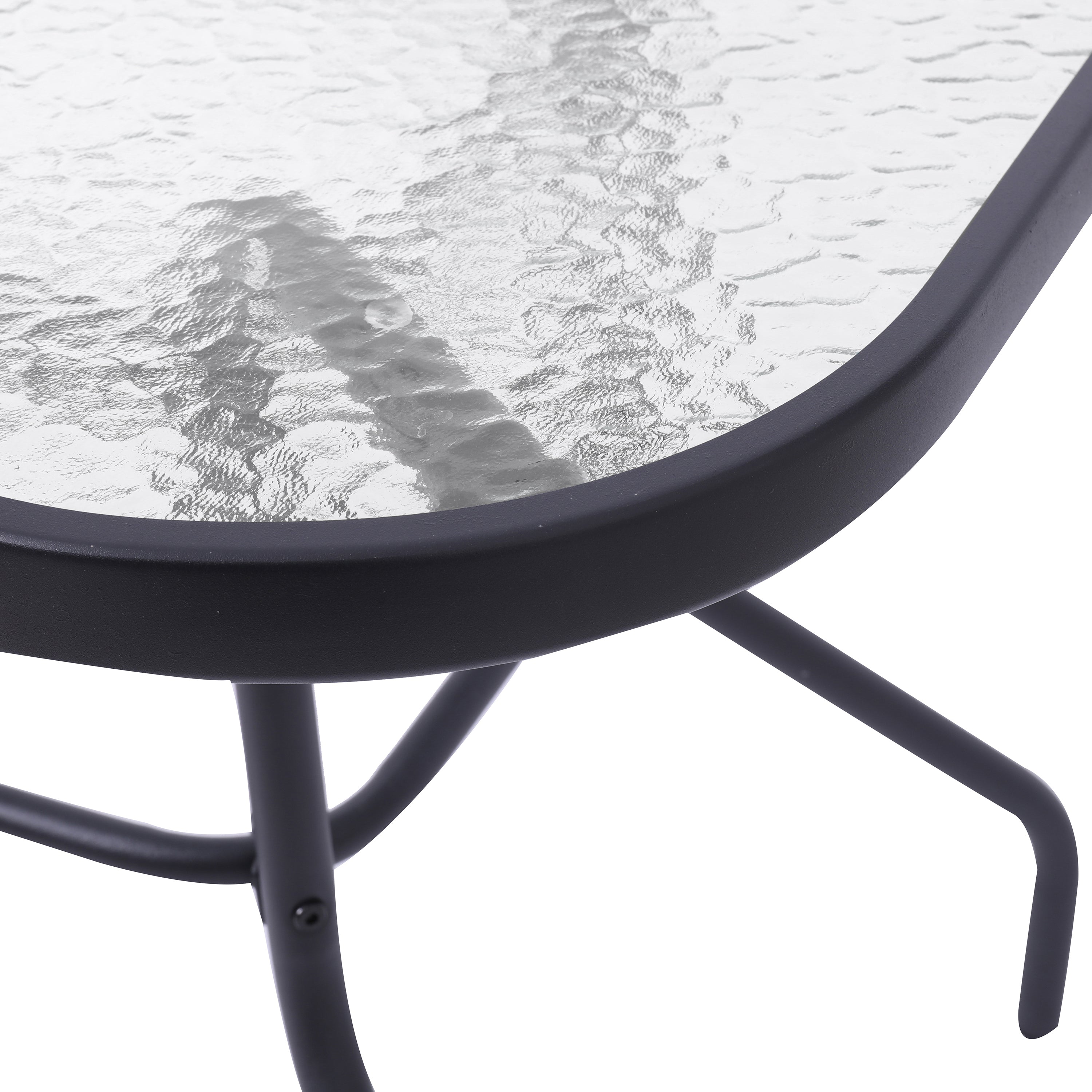 Tory Commercial Grade 27.5" x 47.25" Rectangular Patio Table with Tempered Glass Top with Umbrella Hole and Steel Tube Frame in Black