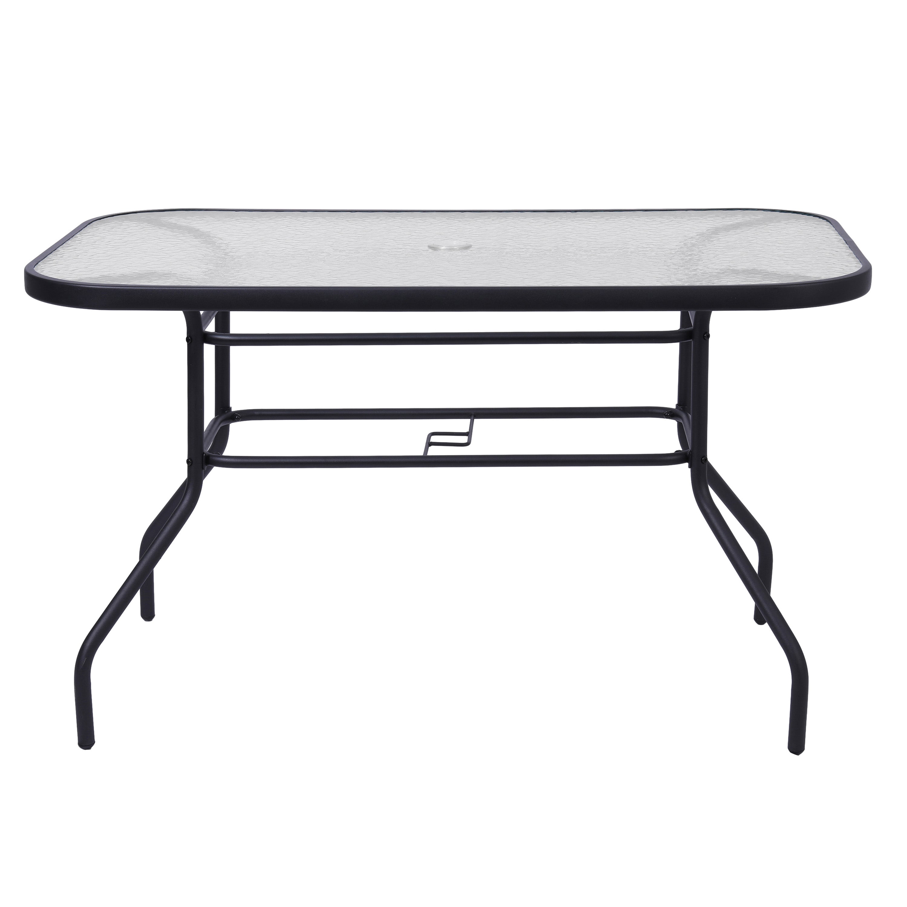 Tory Commercial Grade 27.5" x 47.25" Rectangular Patio Table with Tempered Glass Top with Umbrella Hole and Steel Tube Frame in Black