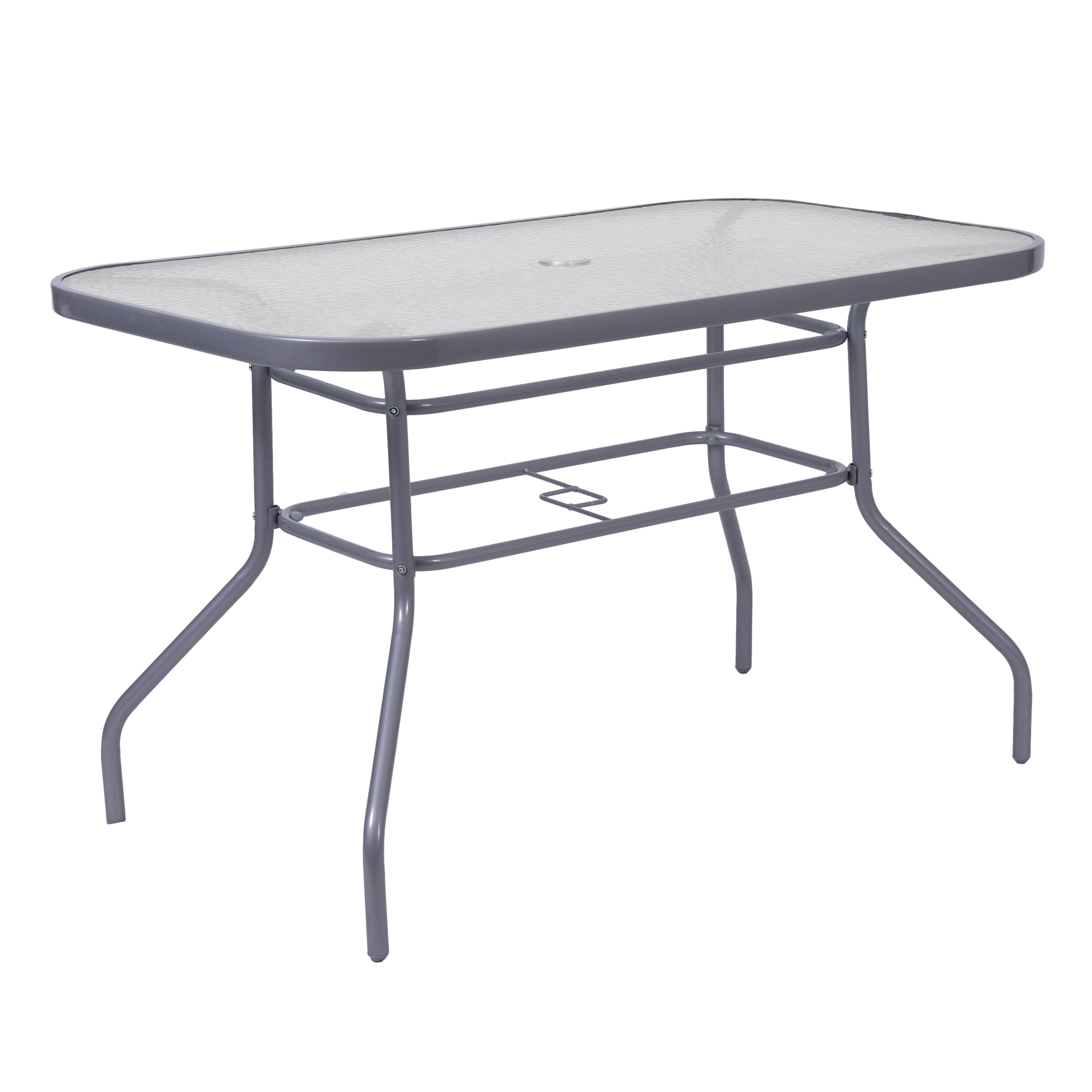 Tory Commercial Grade 27.5" x 47.25" Rectangular Patio Table with Tempered Glass Top with Umbrella Hole and Steel Tube Frame in Silver