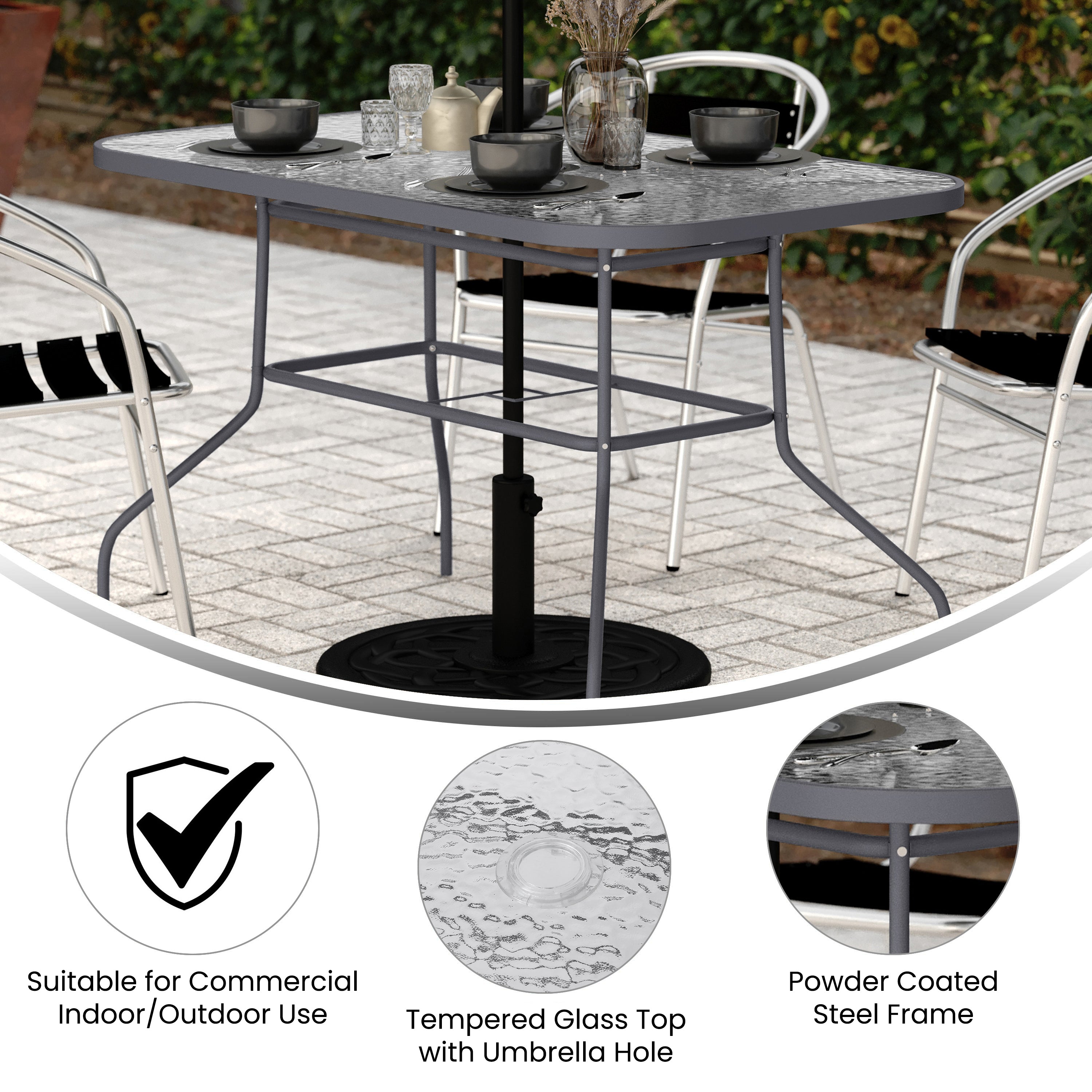 Tory Commercial Grade 27.5" x 47.25" Rectangular Patio Table with Tempered Glass Top with Umbrella Hole and Steel Tube Frame in Silver