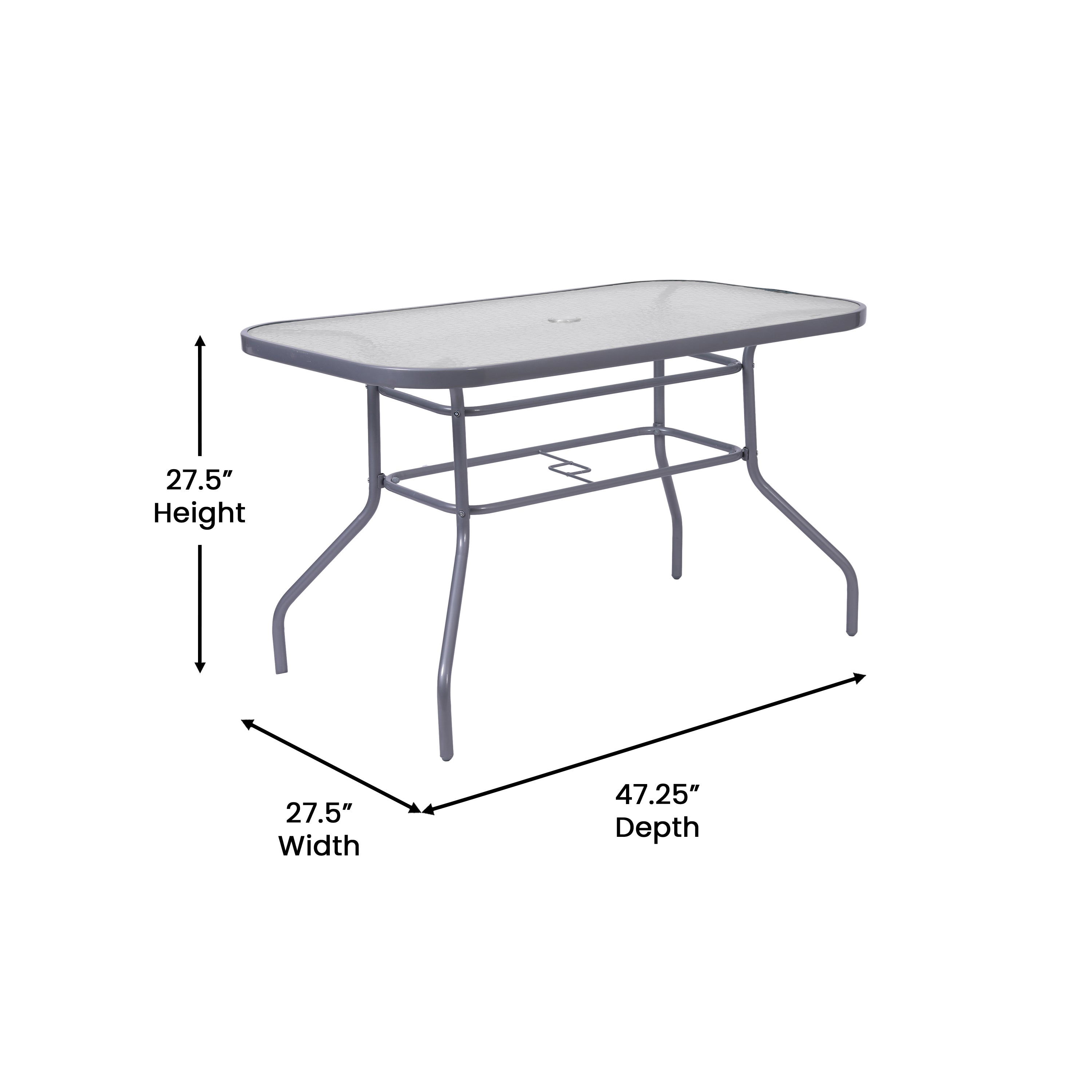 Tory Commercial Grade 27.5" x 47.25" Rectangular Patio Table with Tempered Glass Top with Umbrella Hole and Steel Tube Frame in Silver