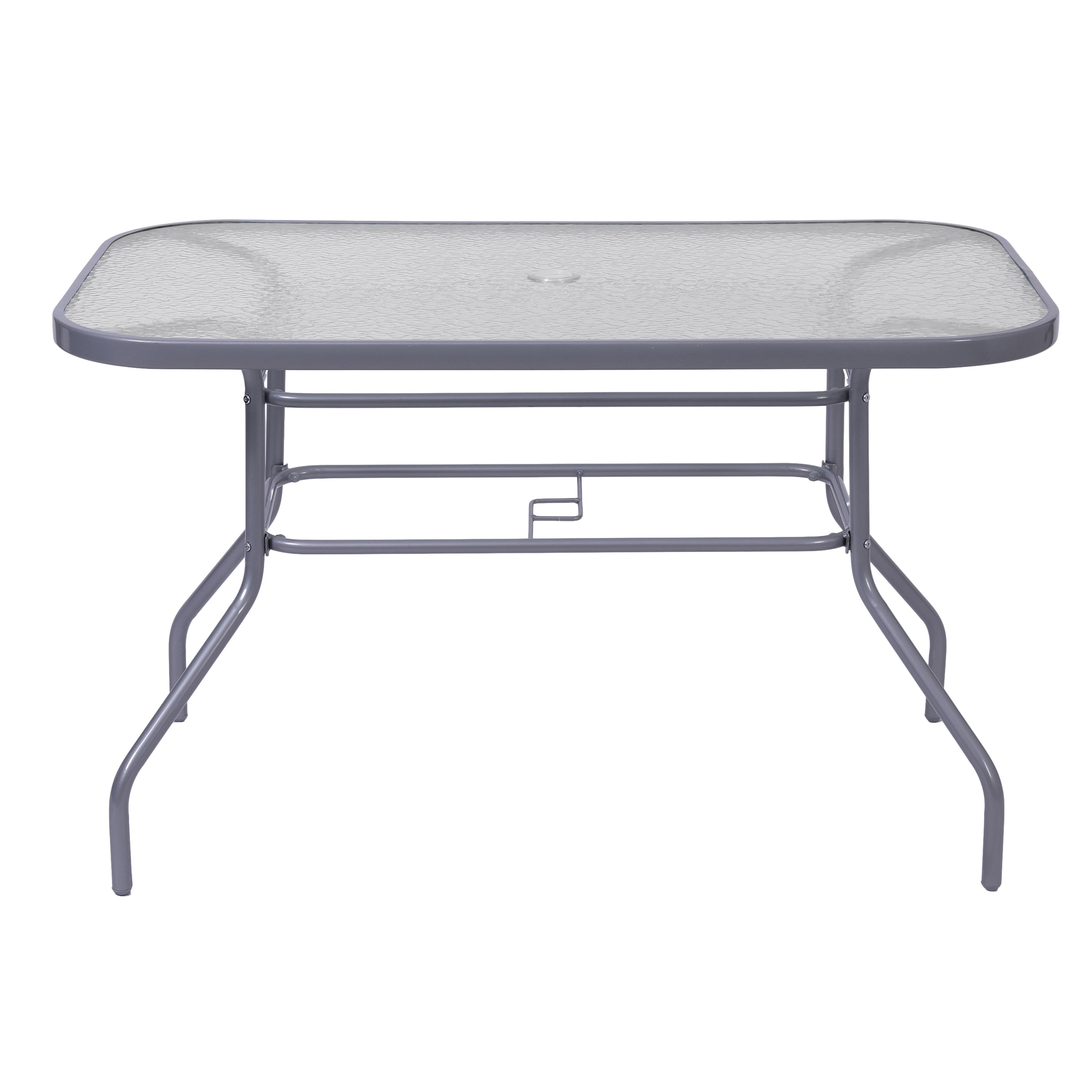 Tory Commercial Grade 27.5" x 47.25" Rectangular Patio Table with Tempered Glass Top with Umbrella Hole and Steel Tube Frame in Silver