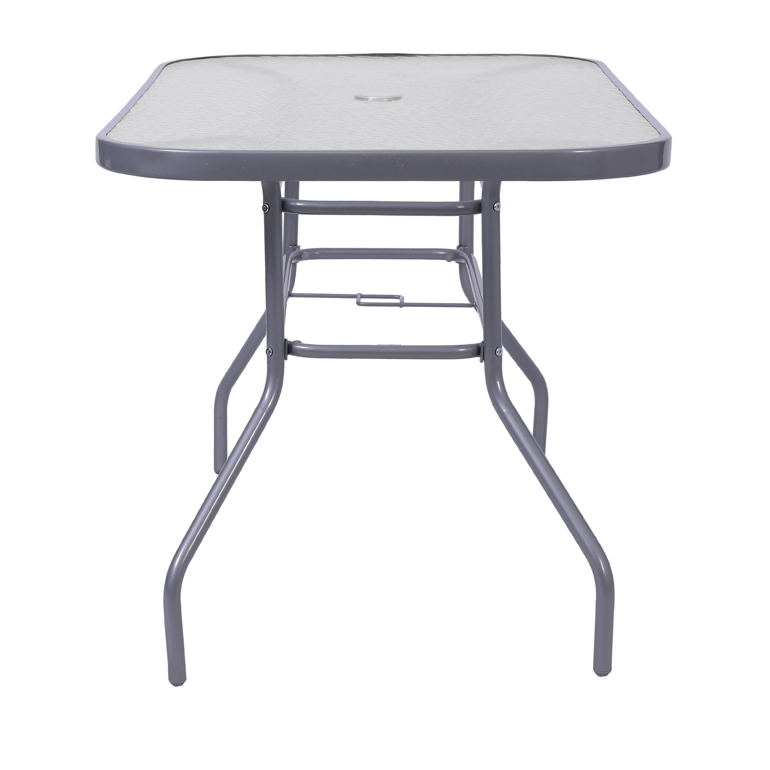 Tory Commercial Grade 27.5" x 47.25" Rectangular Patio Table with Tempered Glass Top with Umbrella Hole and Steel Tube Frame in Silver